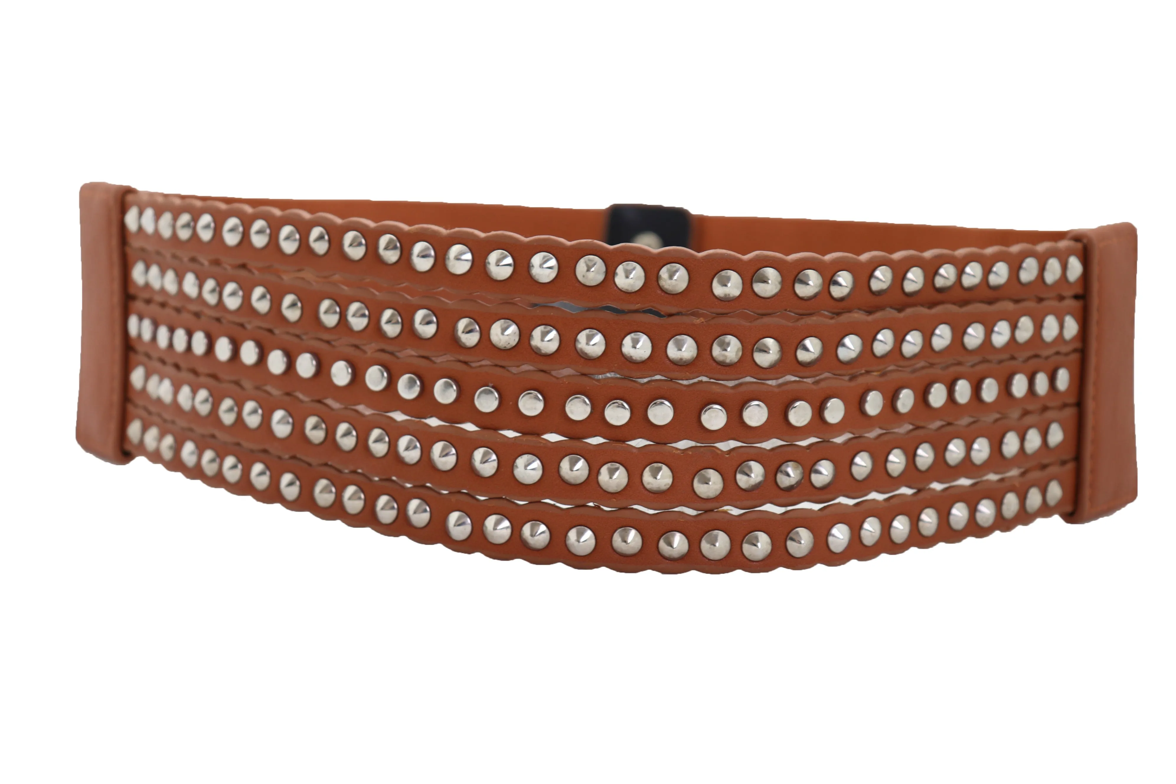 Wide Elastic Strap Brown Faux Leather Belt Silver Metal Studs Spikes S M