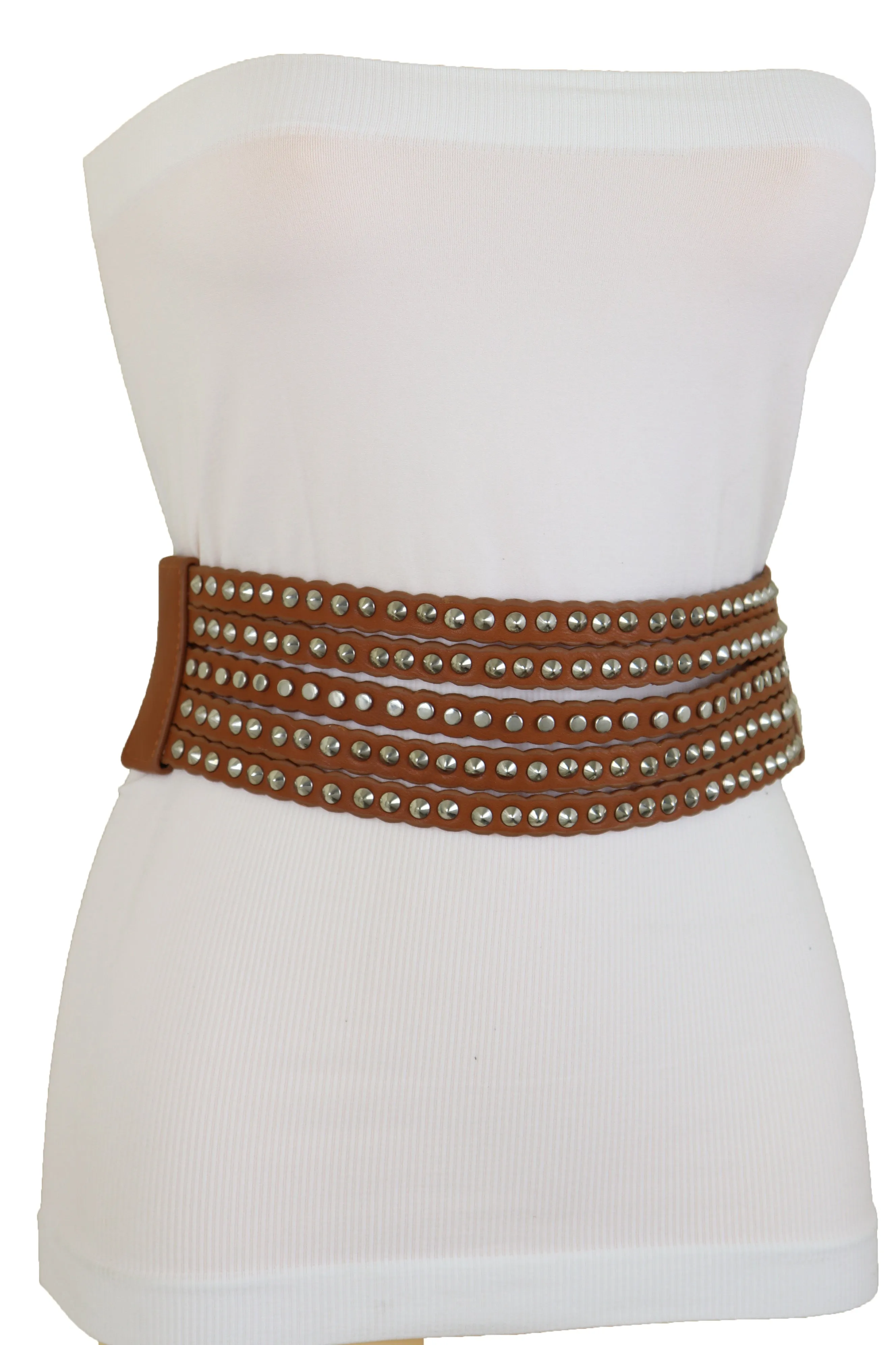Wide Elastic Strap Brown Faux Leather Belt Silver Metal Studs Spikes S M