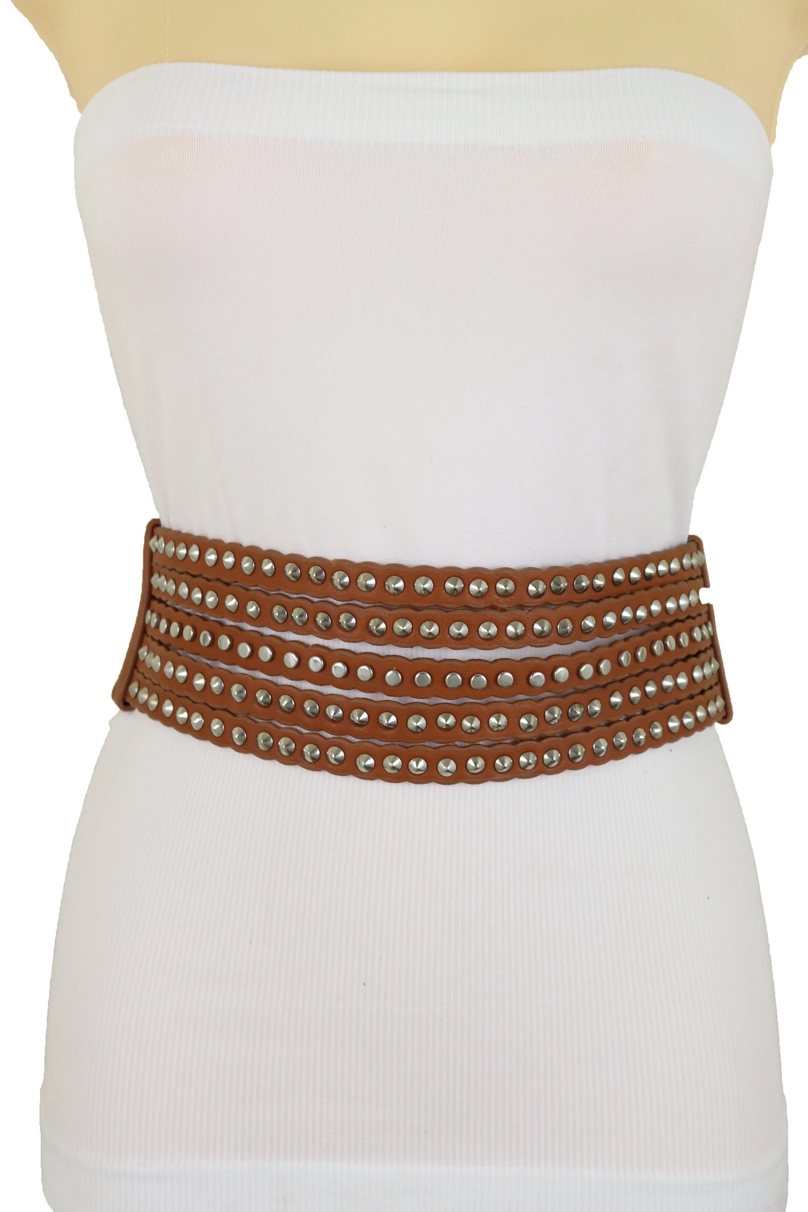 Wide Elastic Strap Brown Faux Leather Belt Silver Metal Studs Spikes S M