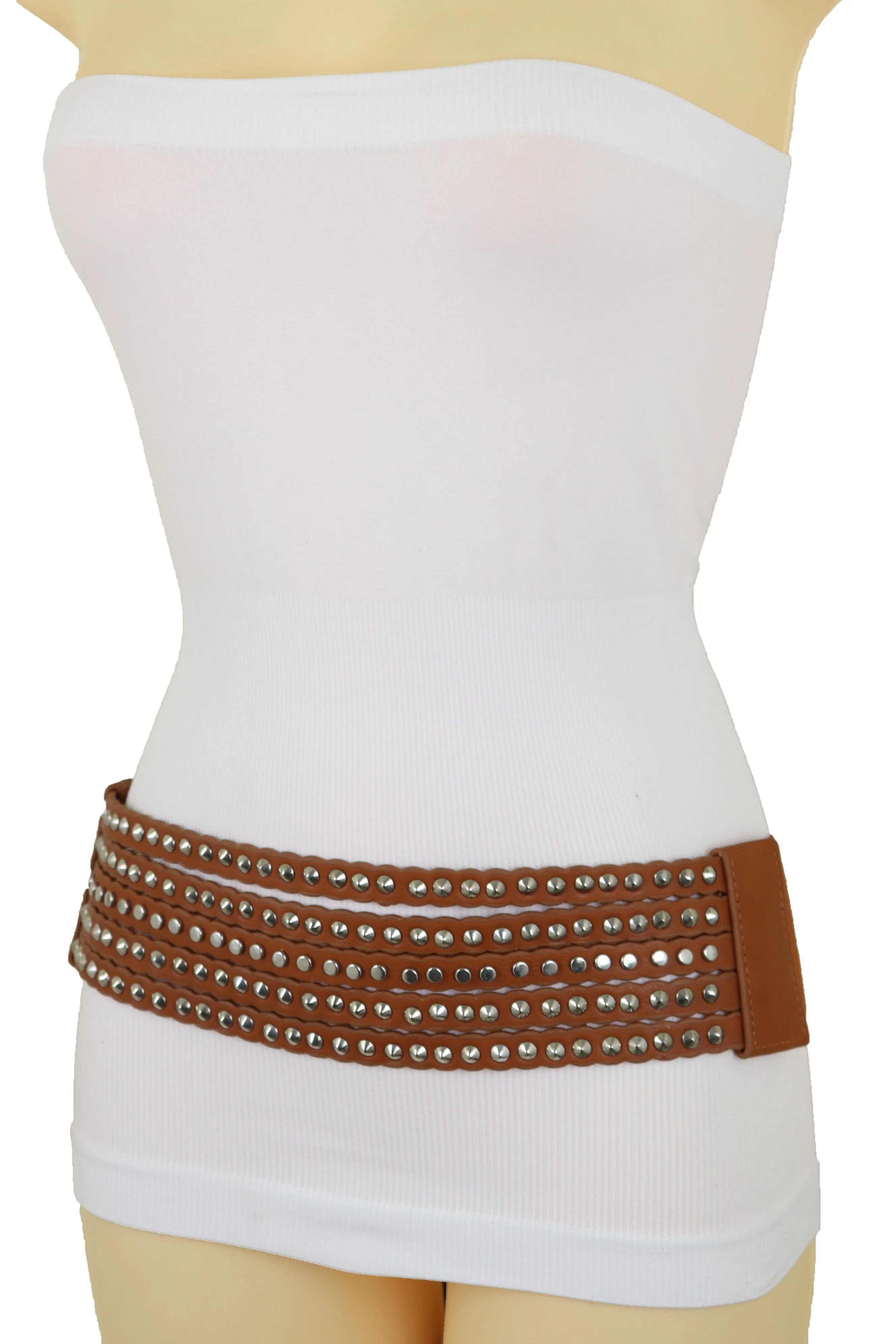 Wide Elastic Strap Brown Faux Leather Belt Silver Metal Studs Spikes S M