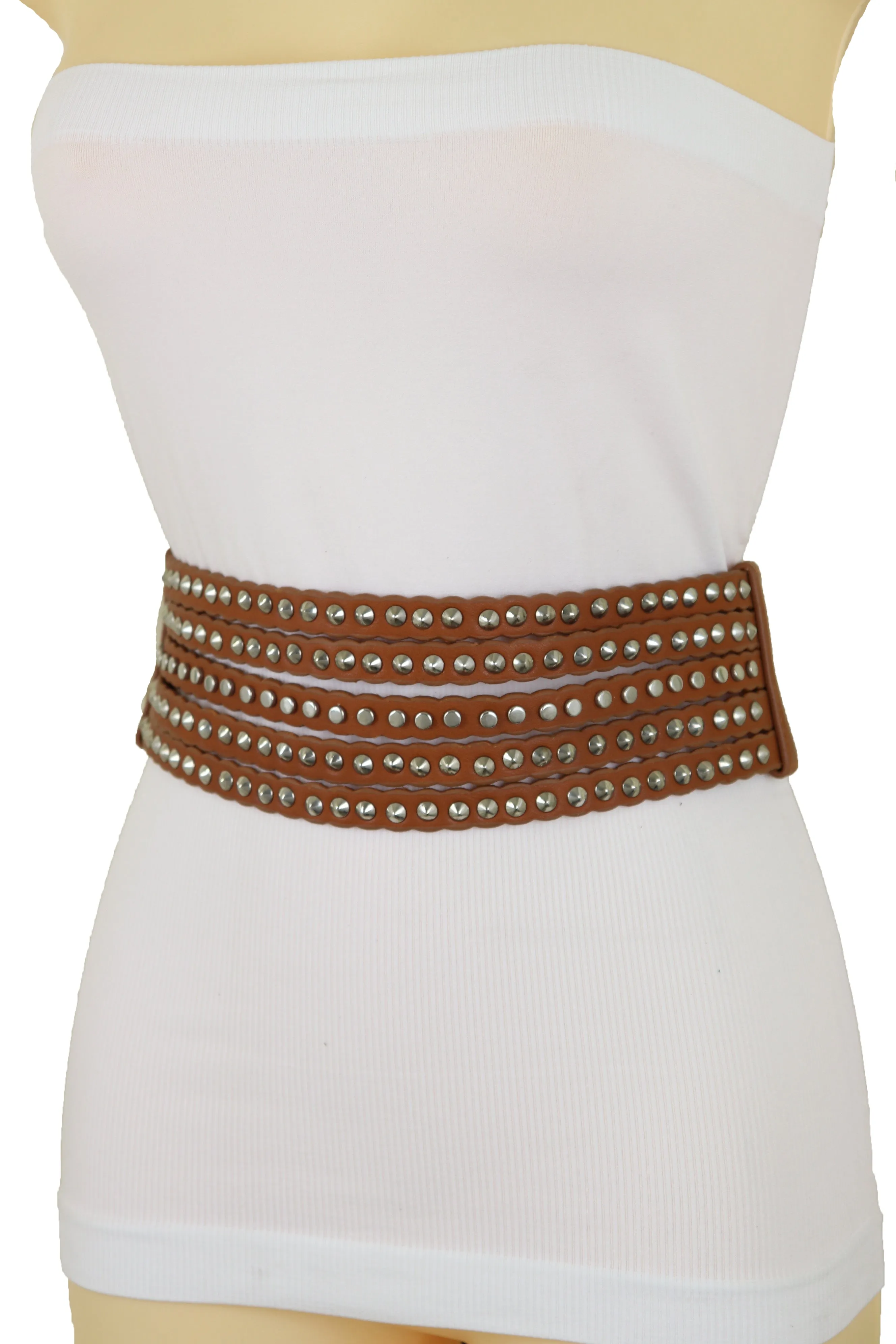 Wide Elastic Strap Brown Faux Leather Belt Silver Metal Studs Spikes S M