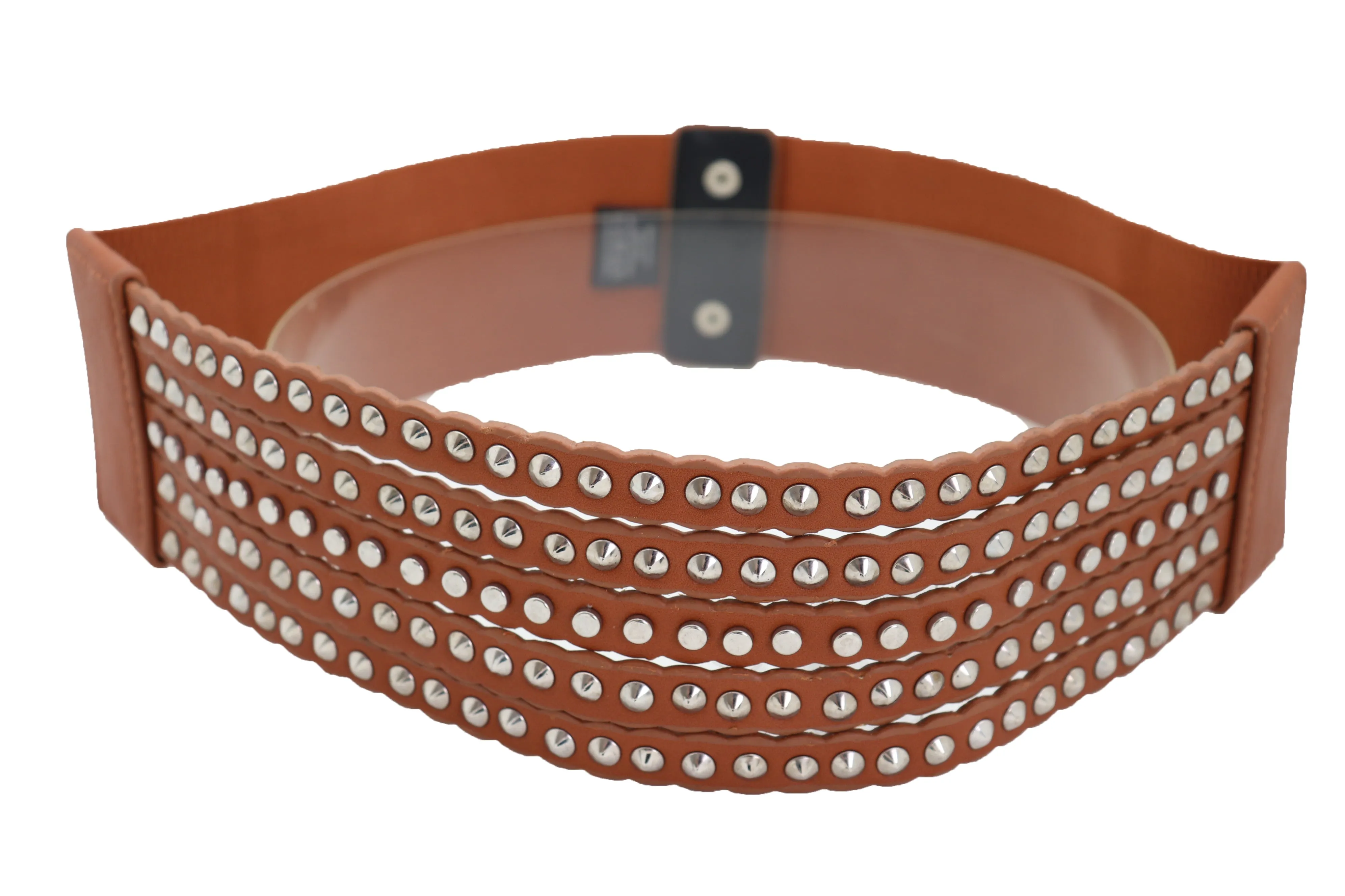 Wide Elastic Strap Brown Faux Leather Belt Silver Metal Studs Spikes S M
