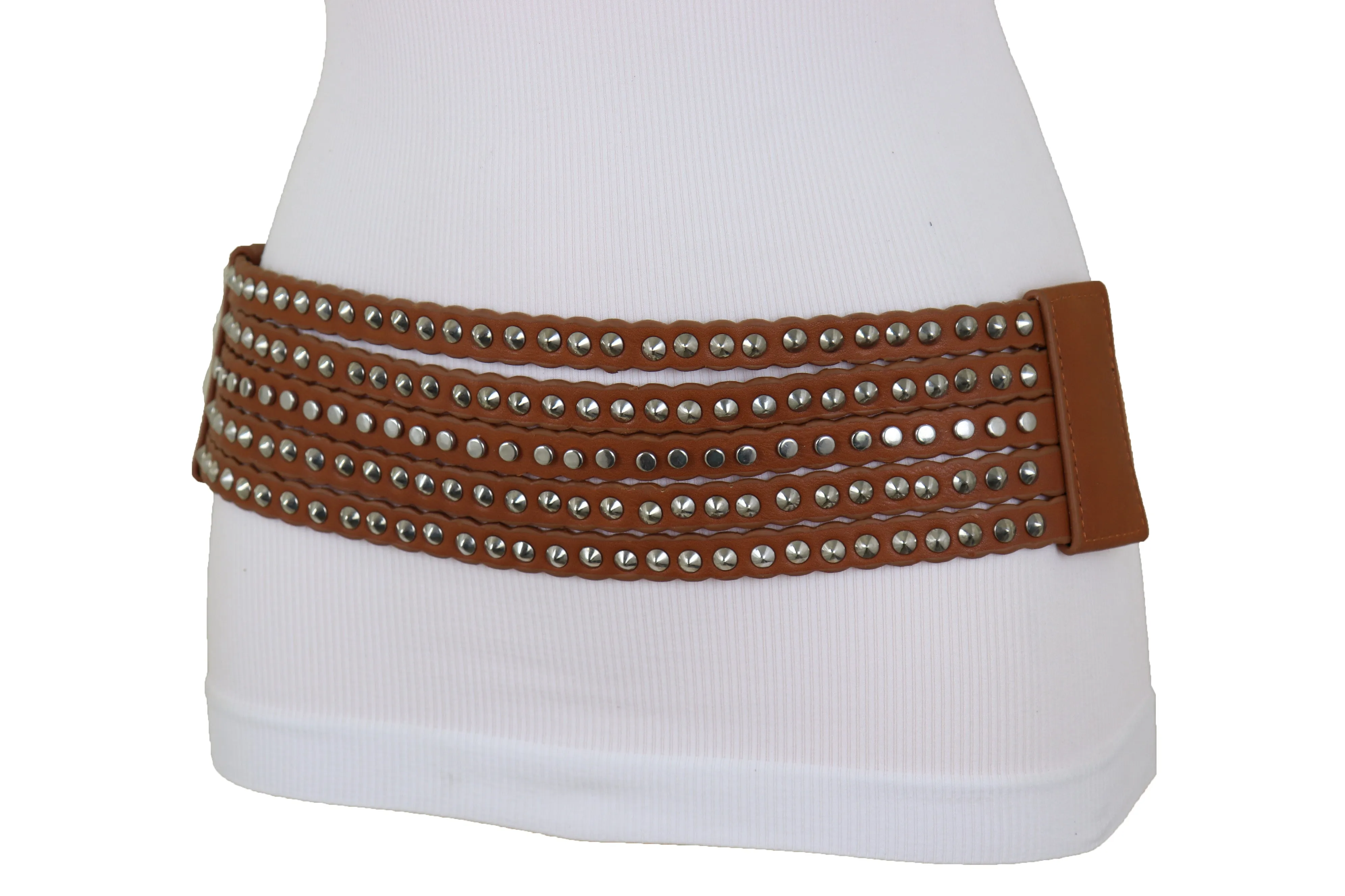Wide Elastic Strap Brown Faux Leather Belt Silver Metal Studs Spikes S M