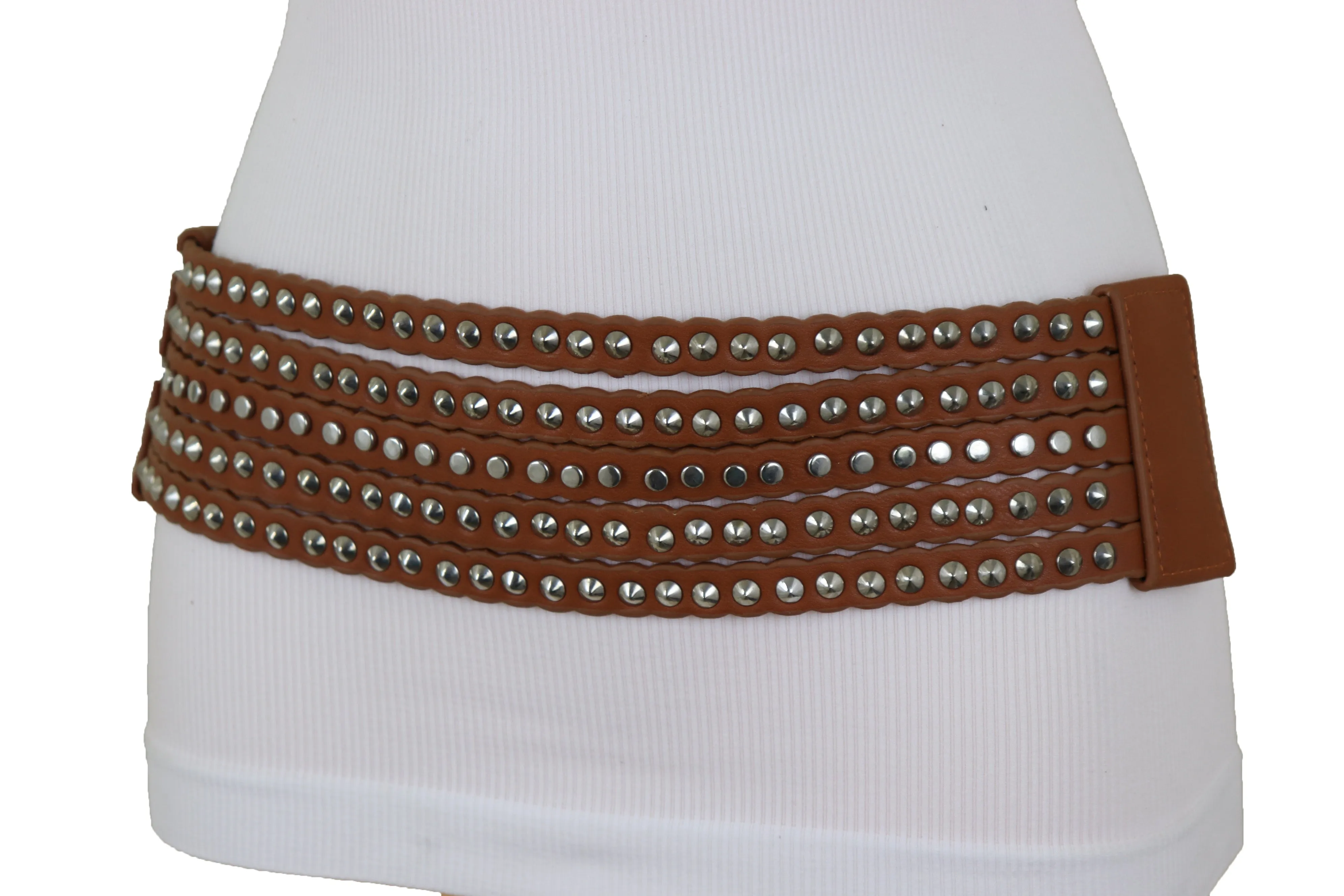 Wide Elastic Strap Brown Faux Leather Belt Silver Metal Studs Spikes S M