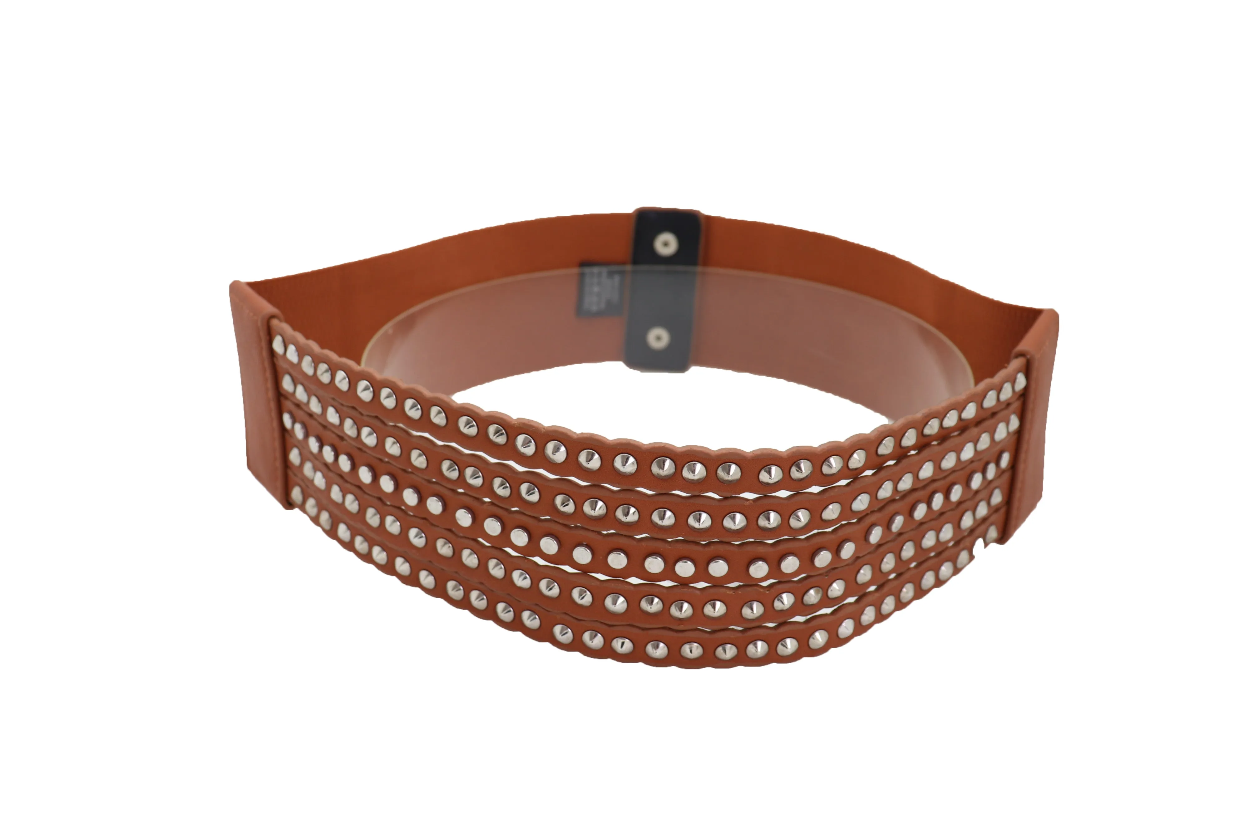 Wide Elastic Strap Brown Faux Leather Belt Silver Metal Studs Spikes S M