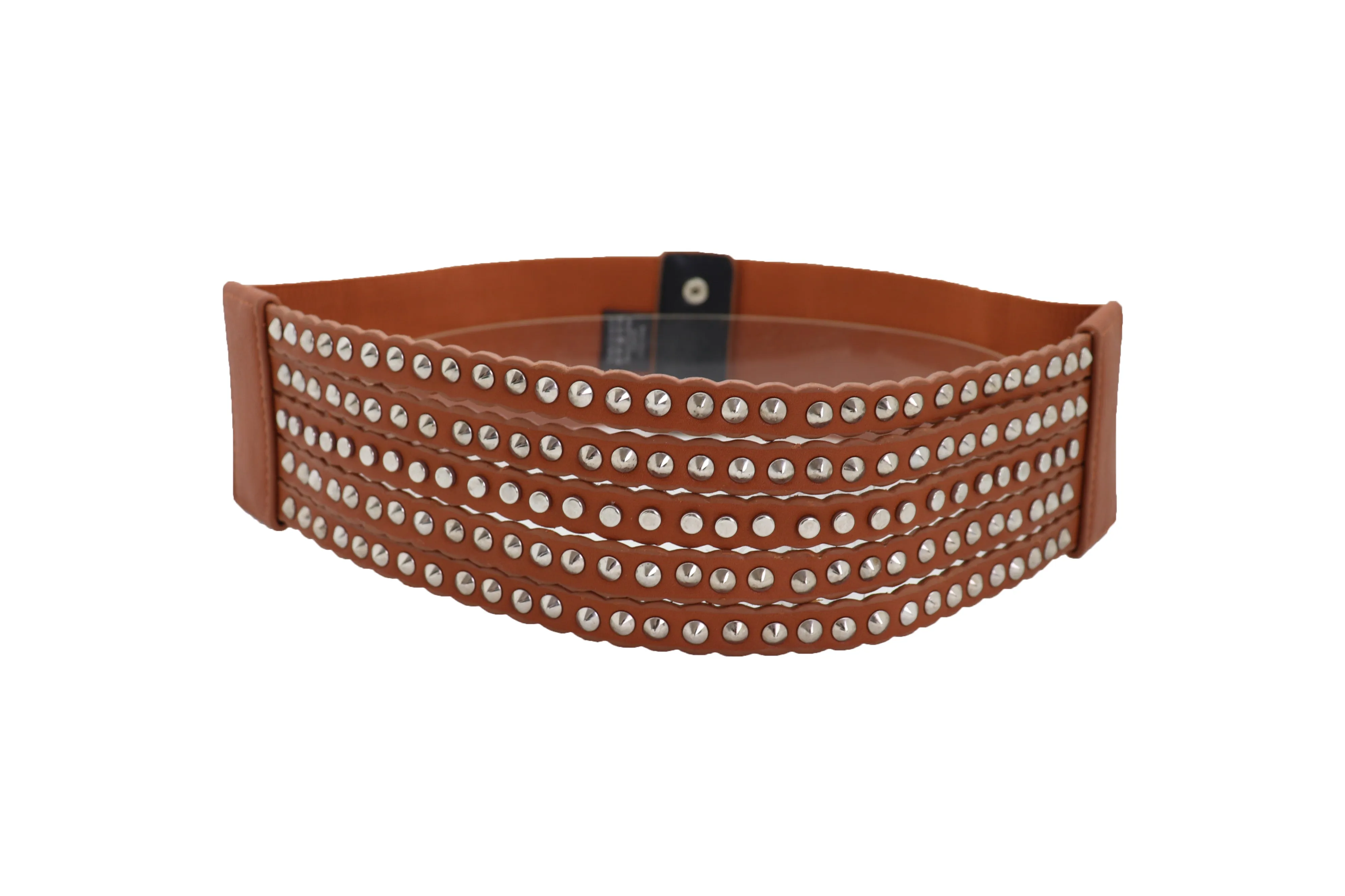 Wide Elastic Strap Brown Faux Leather Belt Silver Metal Studs Spikes S M