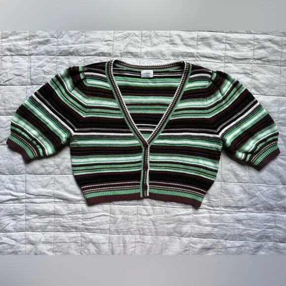 Wilfred Canterbury Green &amp; Brown Striped Cropped Cardigan Merino Wool Blend -Med