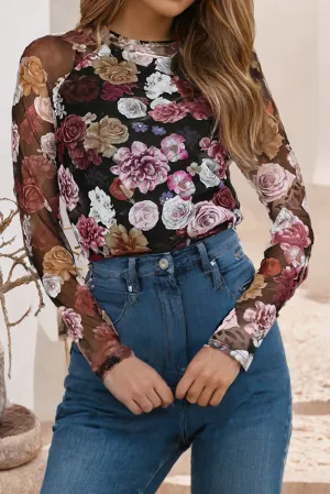 Willow Mesh Floral Print Mock Neck Long Sleeve Slim Top