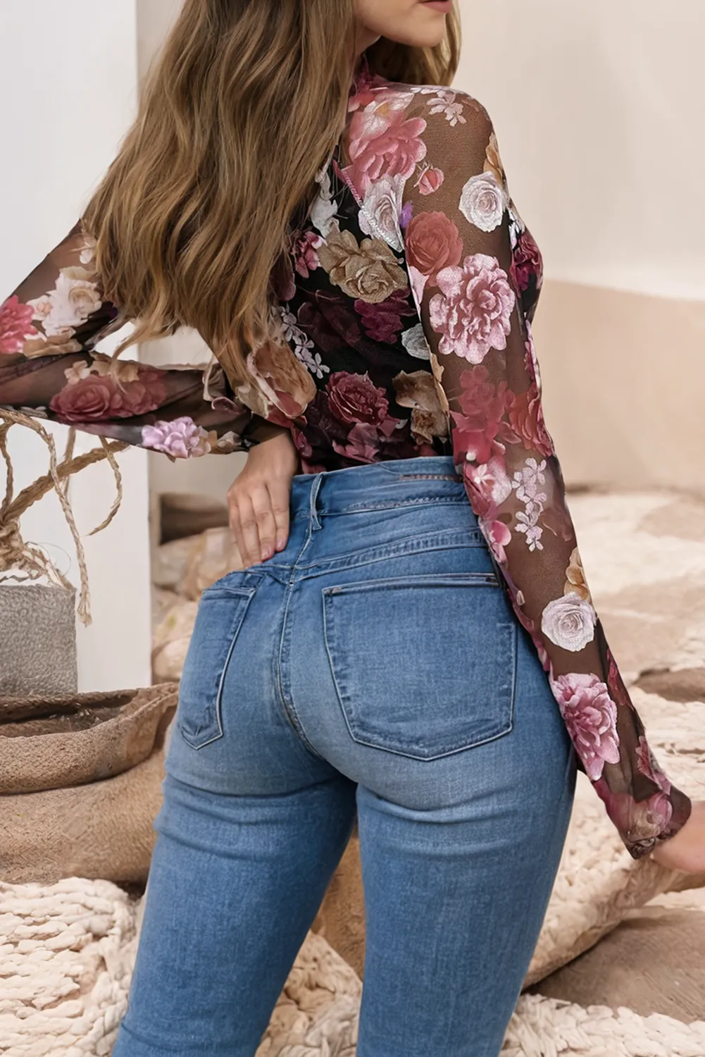 Willow Mesh Floral Print Mock Neck Long Sleeve Slim Top