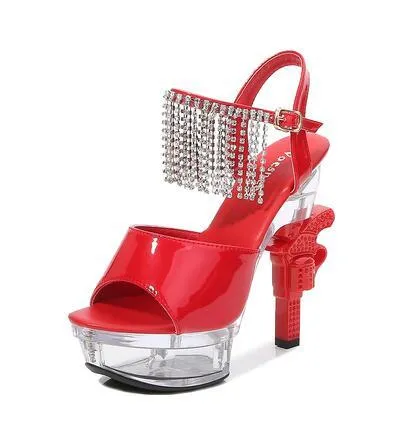 Woman Sandals Summer Fringe Strange Style Heel Crystal Sexy