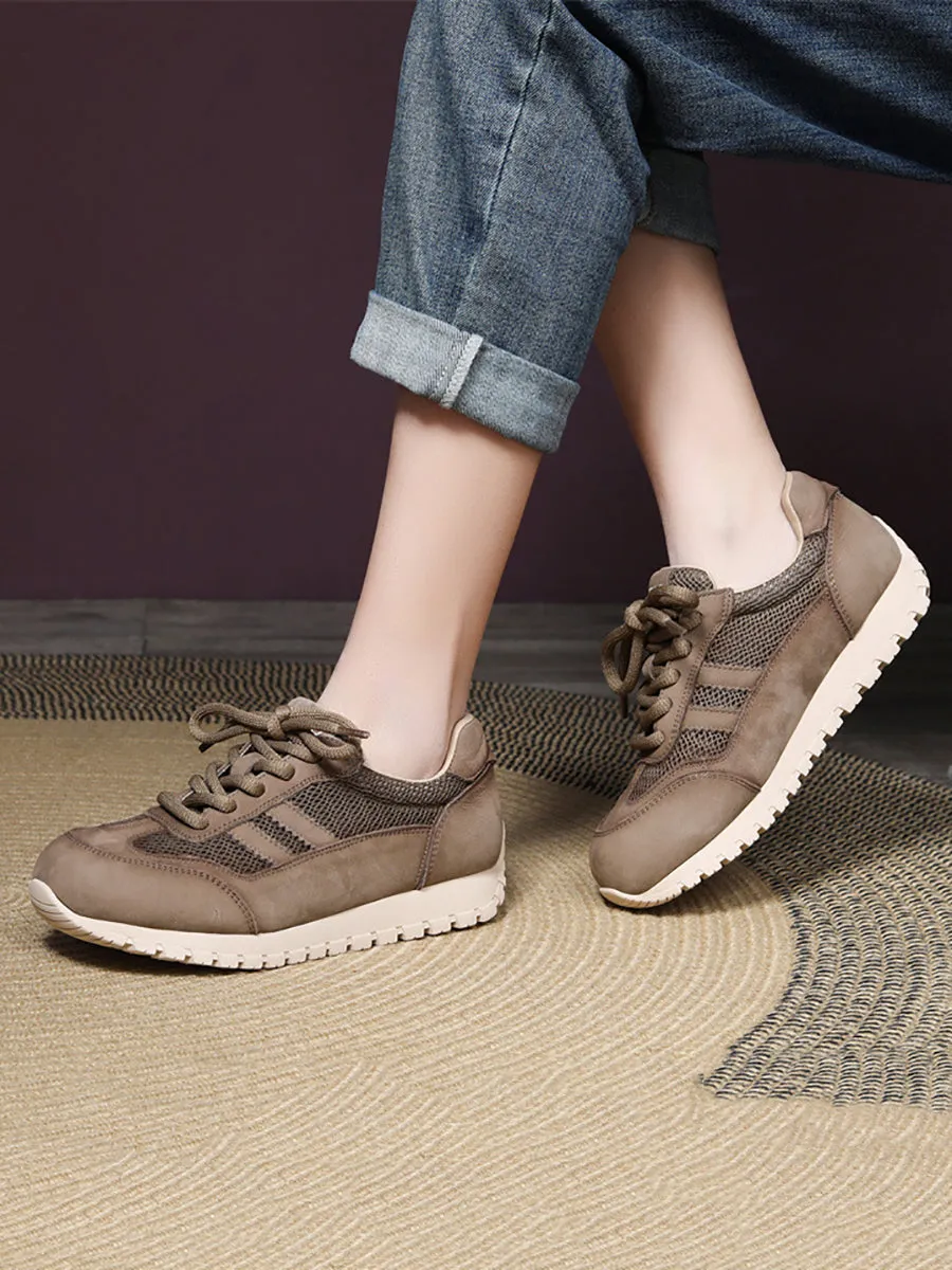 Women Casual Genuine Leather Net Spliced Flat Sport Shoes