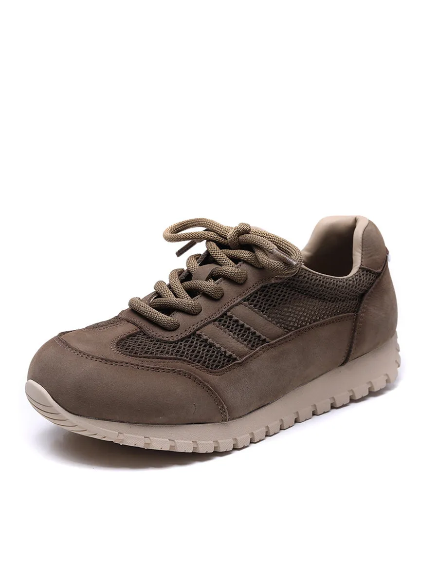 Women Casual Genuine Leather Net Spliced Flat Sport Shoes