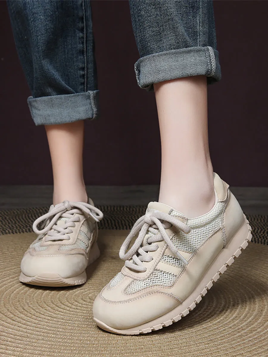 Women Casual Genuine Leather Net Spliced Flat Sport Shoes