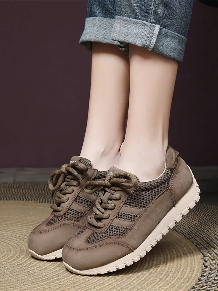 Women Casual Genuine Leather Net Spliced Flat Sport Shoes
