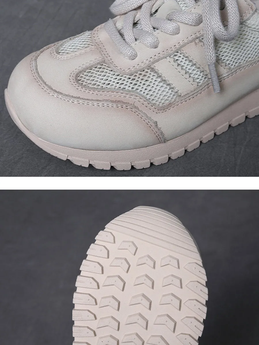 Women Casual Genuine Leather Net Spliced Flat Sport Shoes