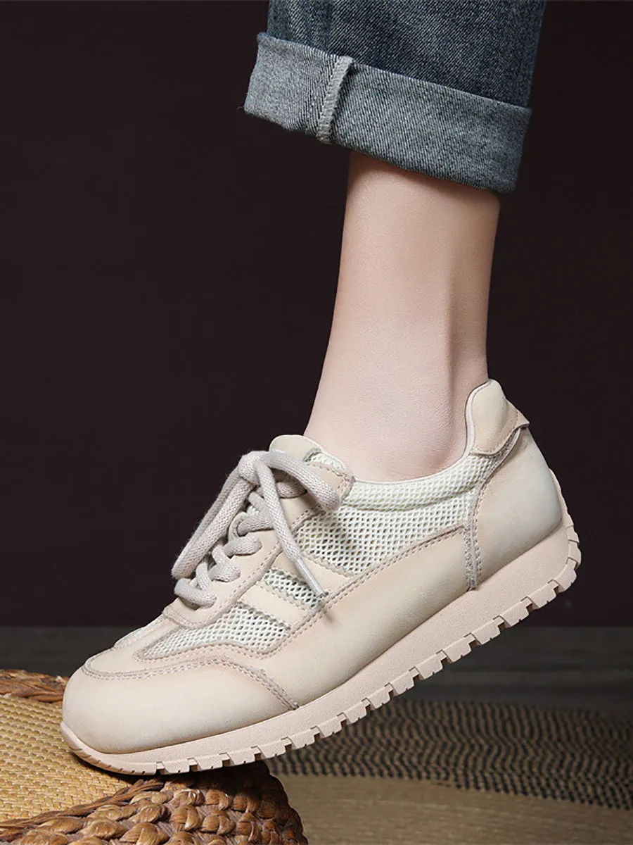Women Casual Genuine Leather Net Spliced Flat Sport Shoes