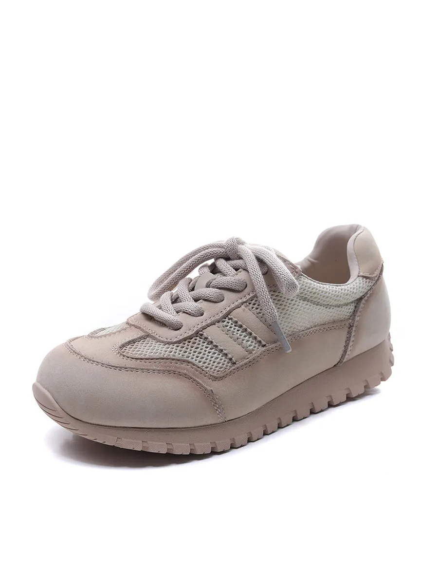 Women Casual Genuine Leather Net Spliced Flat Sport Shoes