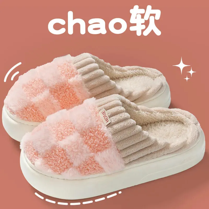 Women Plush House Slippers Autumn Winter Warm Soft Flat Shoes Home Indoor Non-slip Footwear Couple Slipper Female Shoes