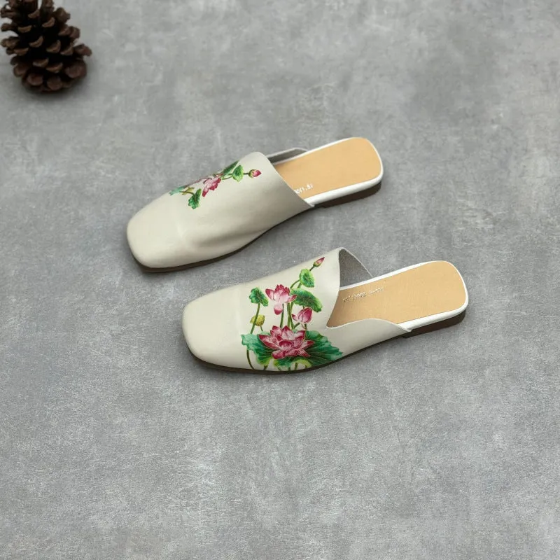 Women Vintage Flower Print Soft Leather Low Heel Slippers