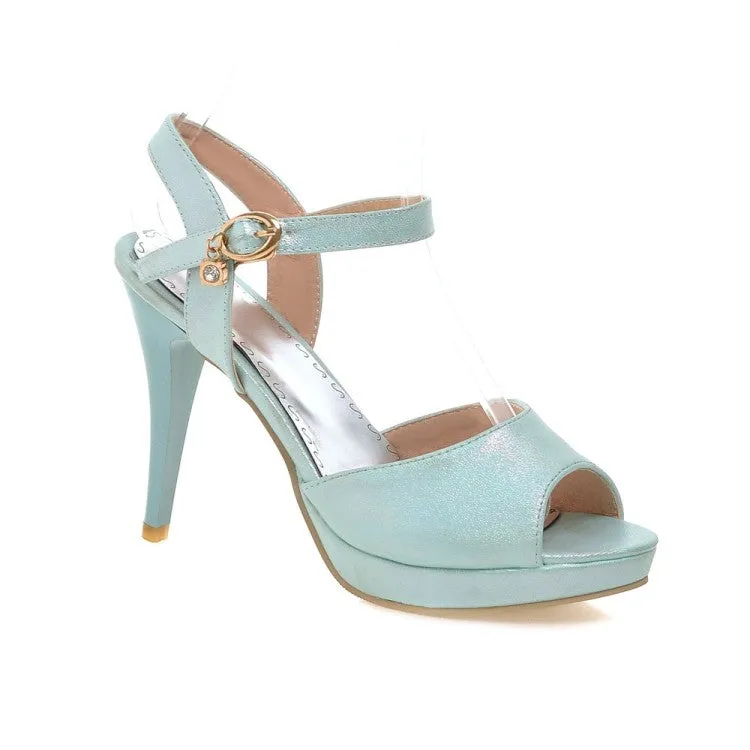 Women's Bling Bling Glossy Ankle Strap Rhinestone Peep Toe Stiletto High Heel Platform Sandals