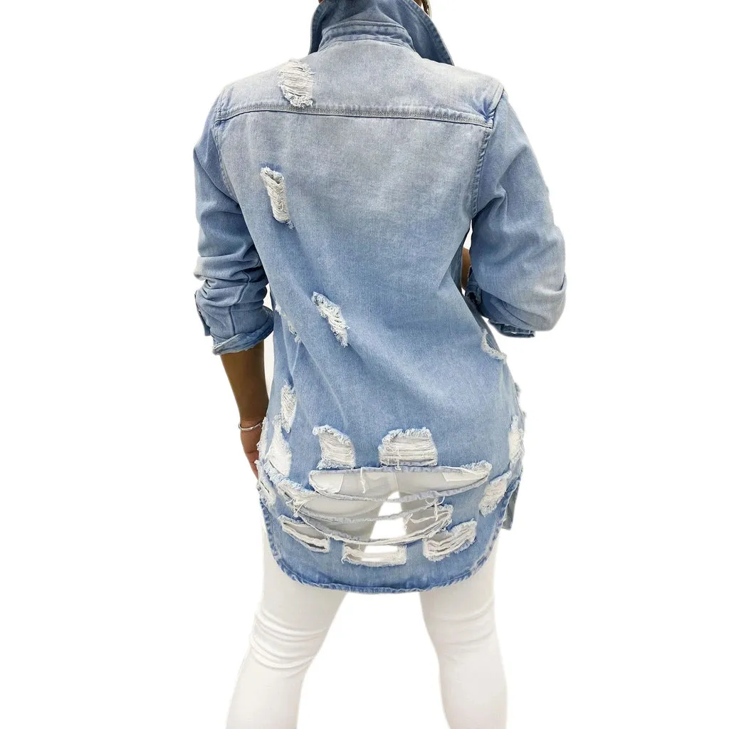Women's Casual Ripped Hole Denim Outercoat Jacket Windbreaker