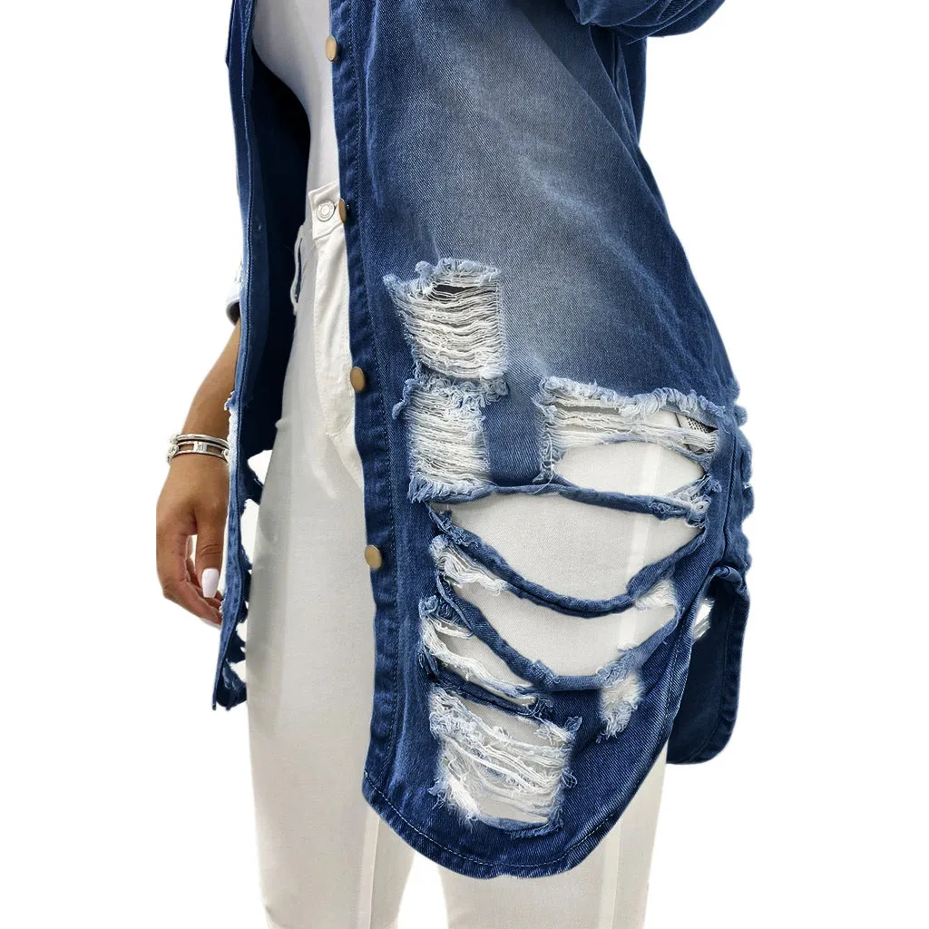 Women's Casual Ripped Hole Denim Outercoat Jacket Windbreaker