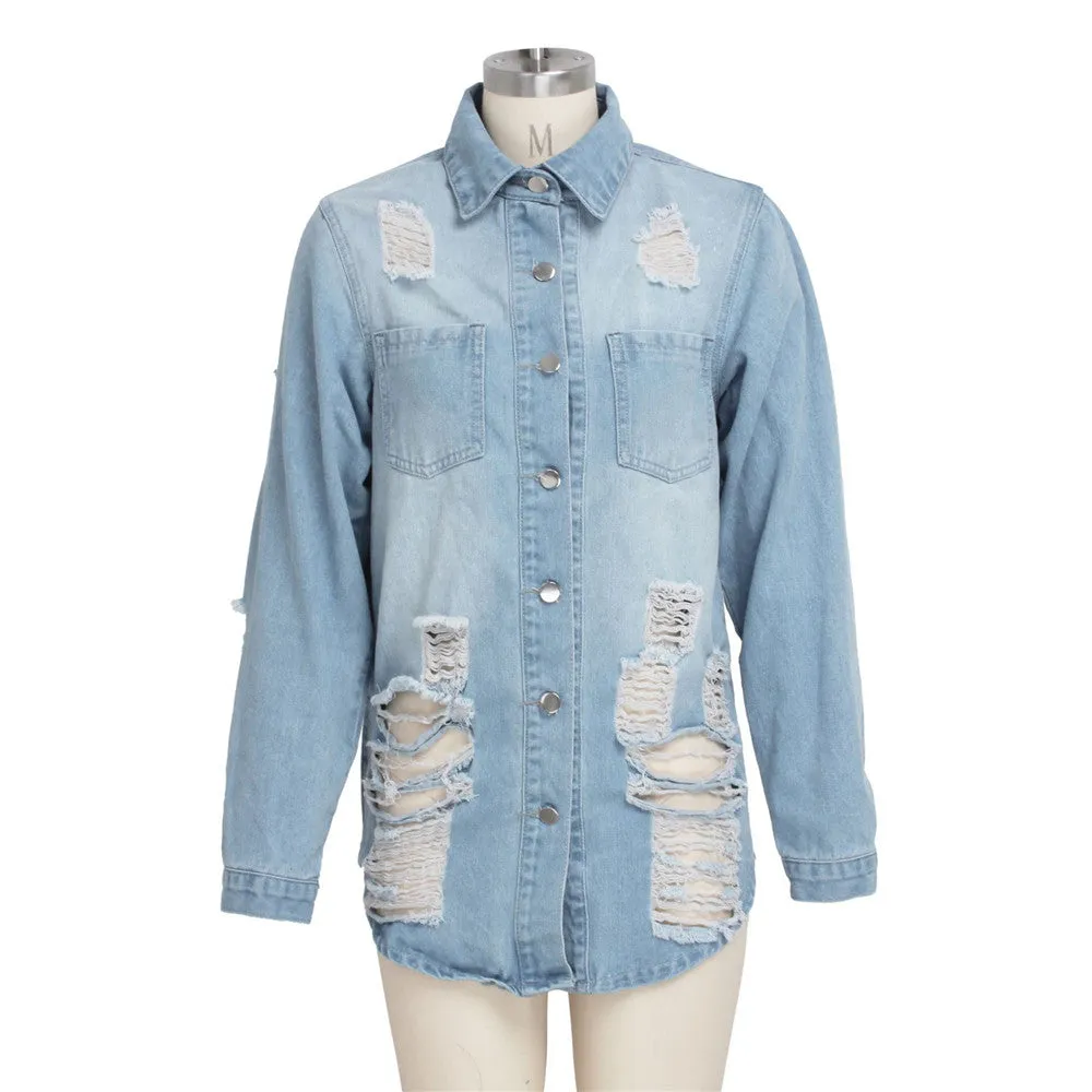 Women's Casual Ripped Hole Denim Outercoat Jacket Windbreaker