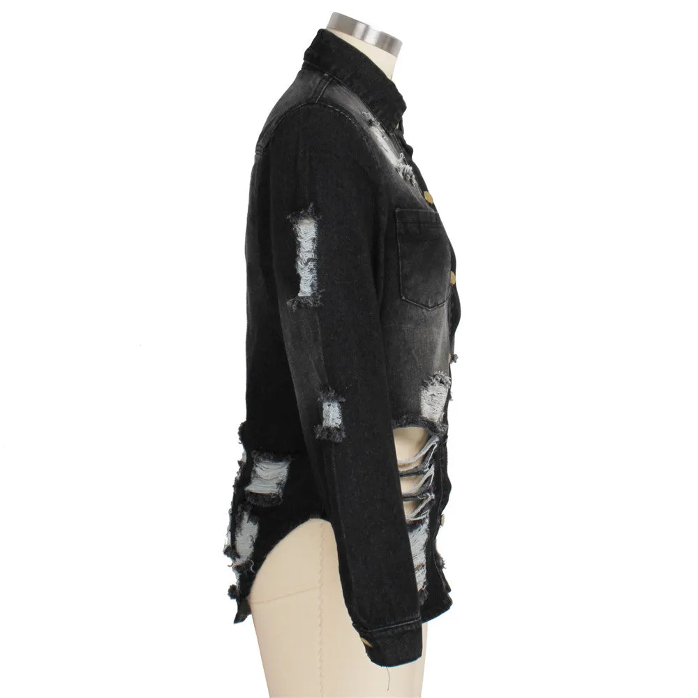 Women's Casual Ripped Hole Denim Outercoat Jacket Windbreaker