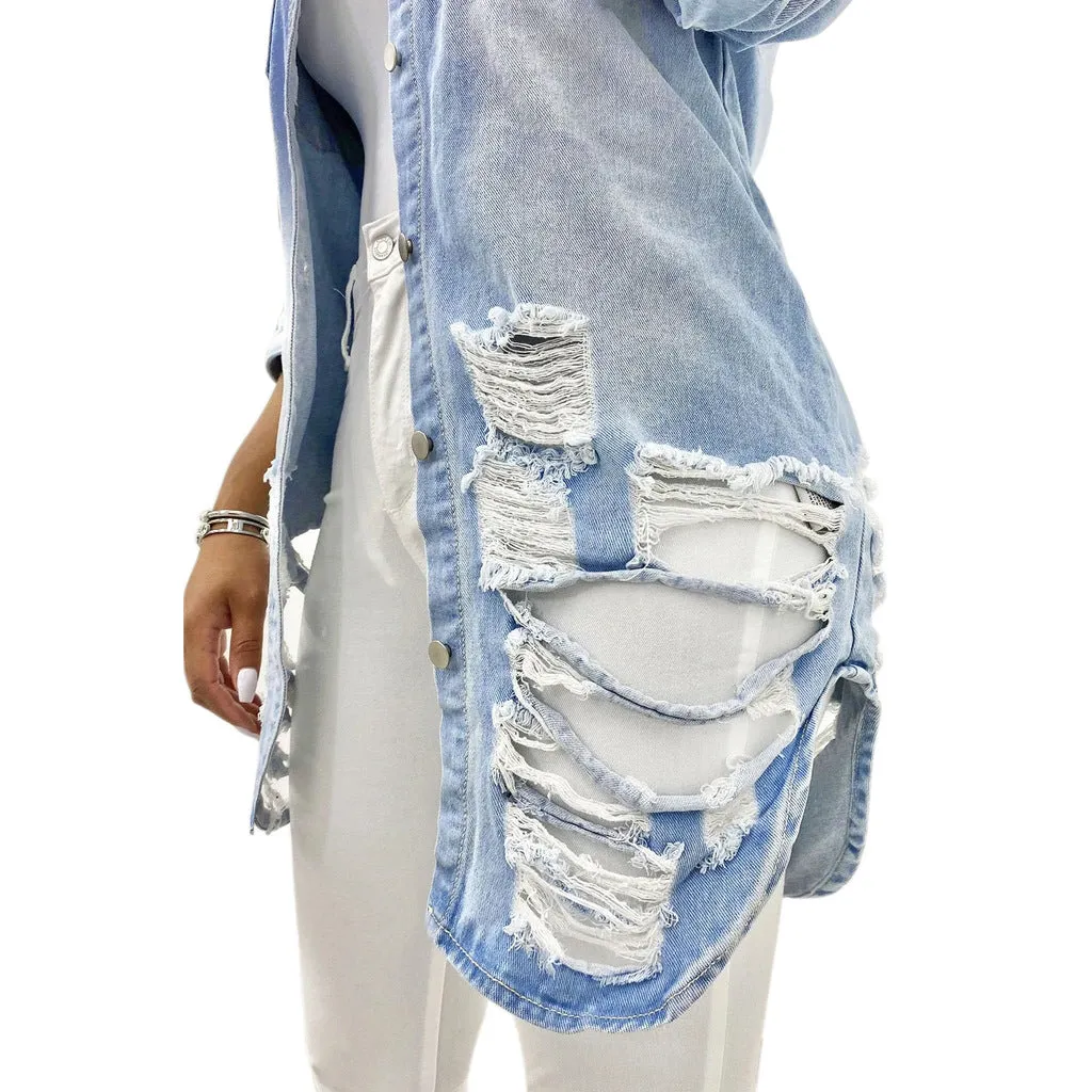 Women's Casual Ripped Hole Denim Outercoat Jacket Windbreaker