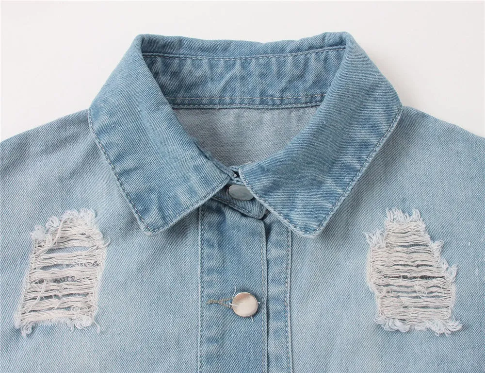 Women's Casual Ripped Hole Denim Outercoat Jacket Windbreaker
