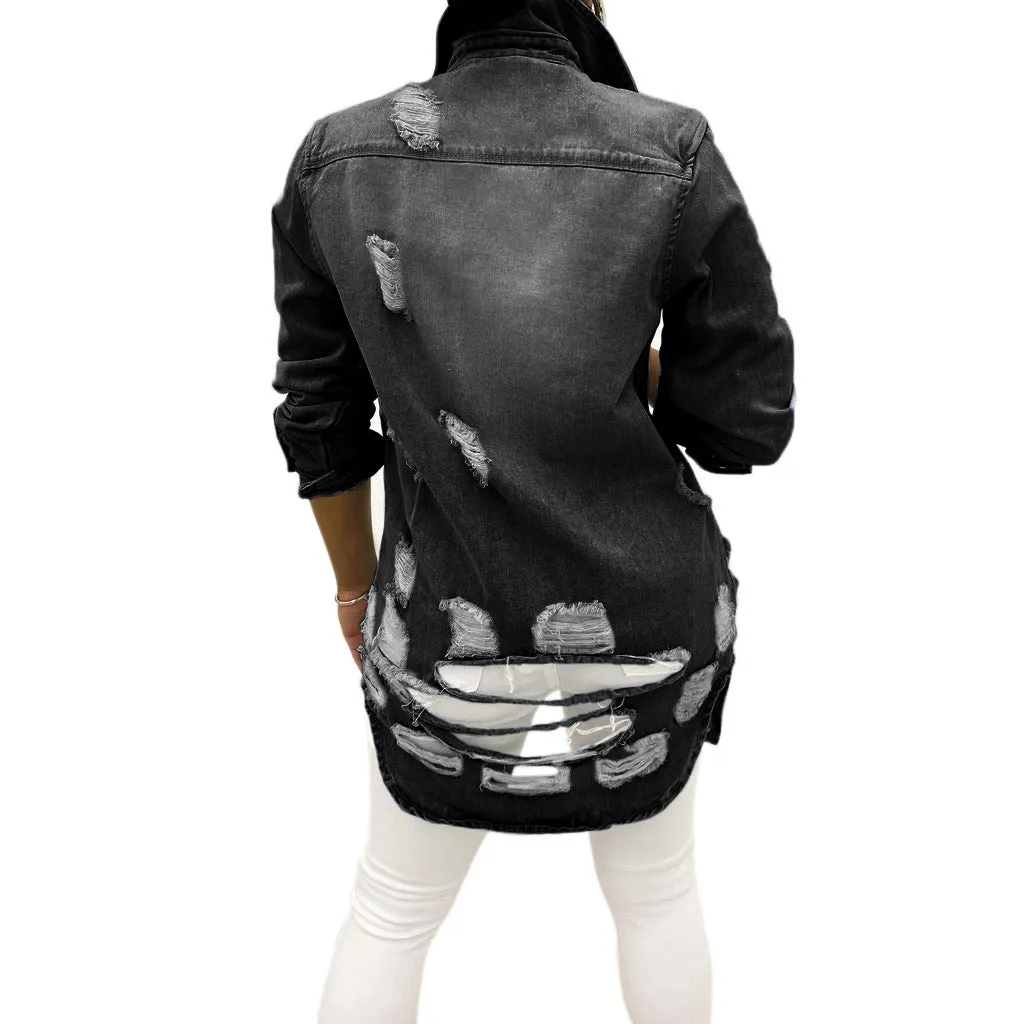 Women's Casual Ripped Hole Denim Outercoat Jacket Windbreaker