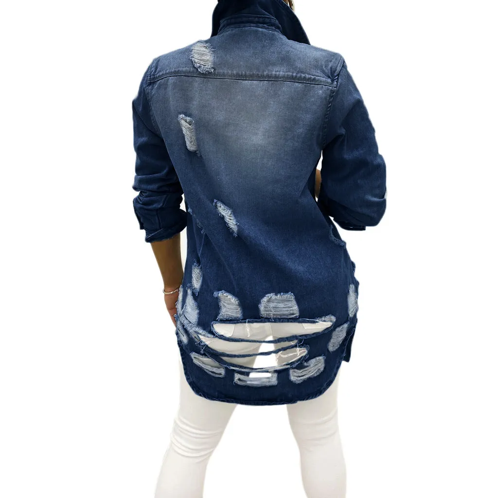 Women's Casual Ripped Hole Denim Outercoat Jacket Windbreaker