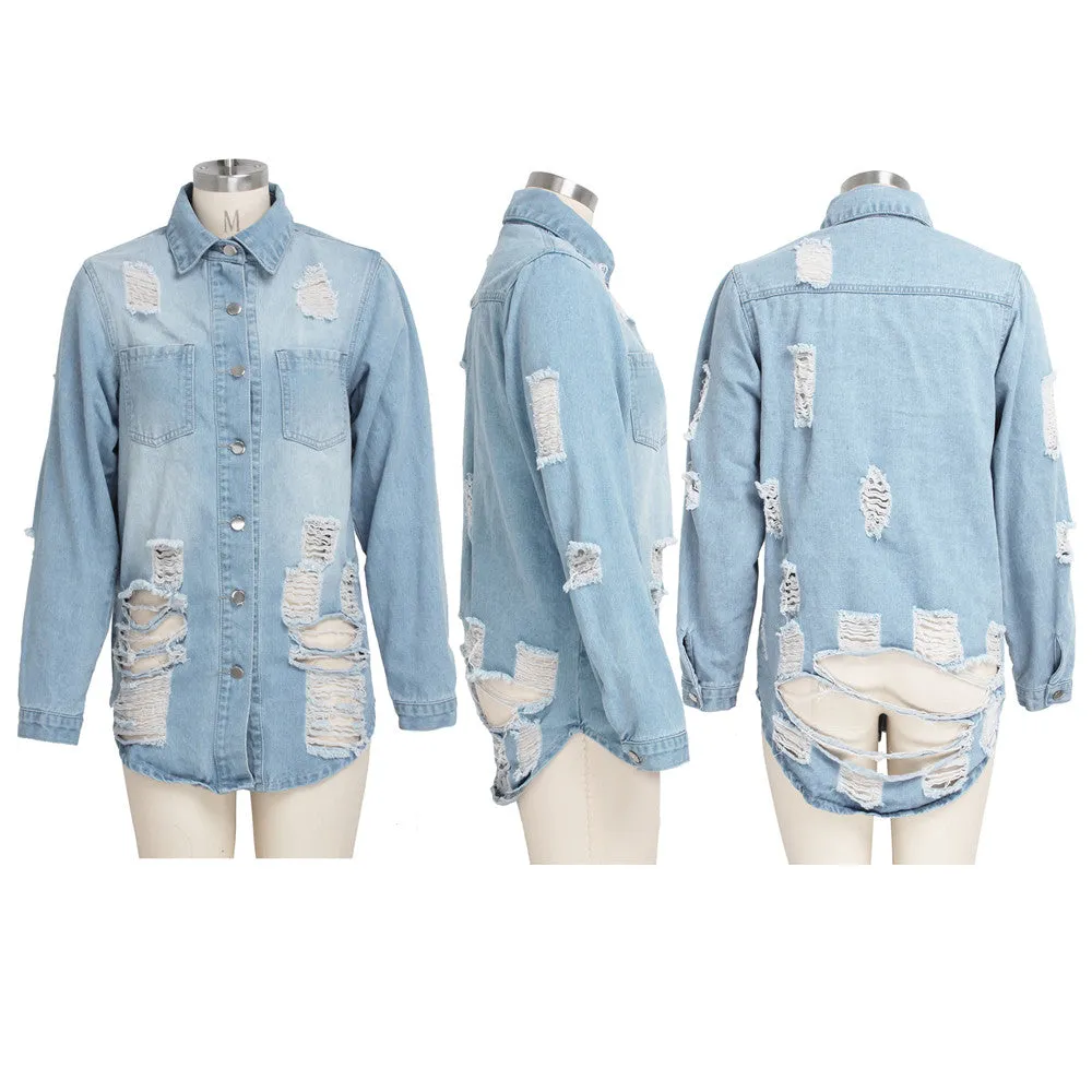 Women's Casual Ripped Hole Denim Outercoat Jacket Windbreaker
