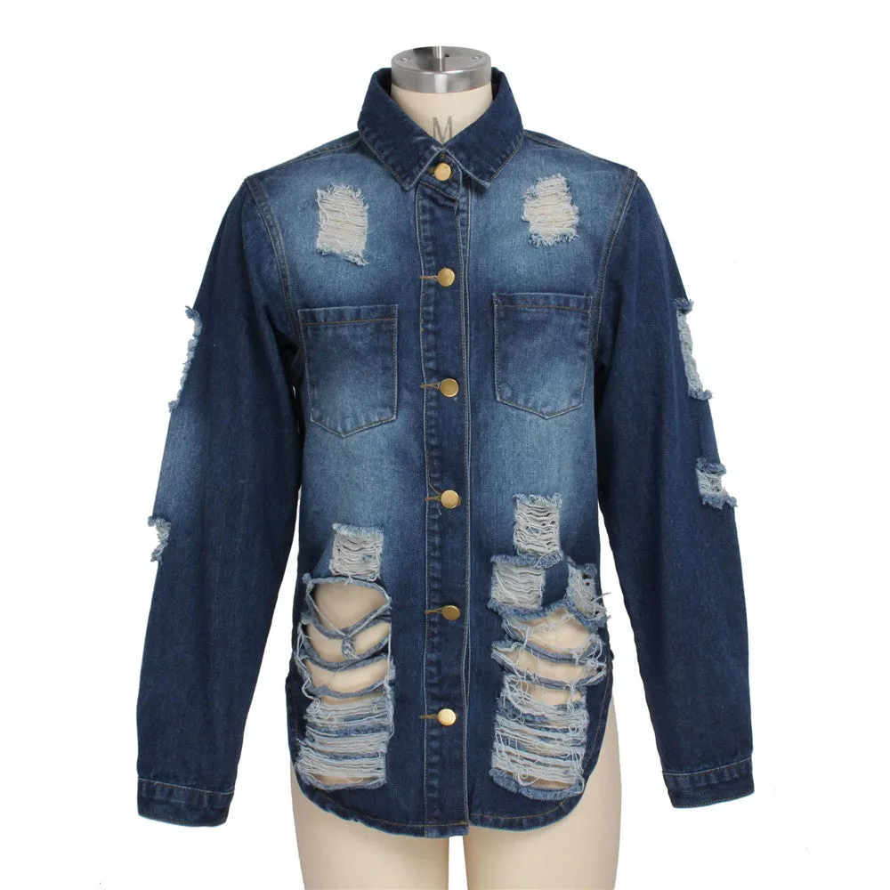 Women's Casual Ripped Hole Denim Outercoat Jacket Windbreaker