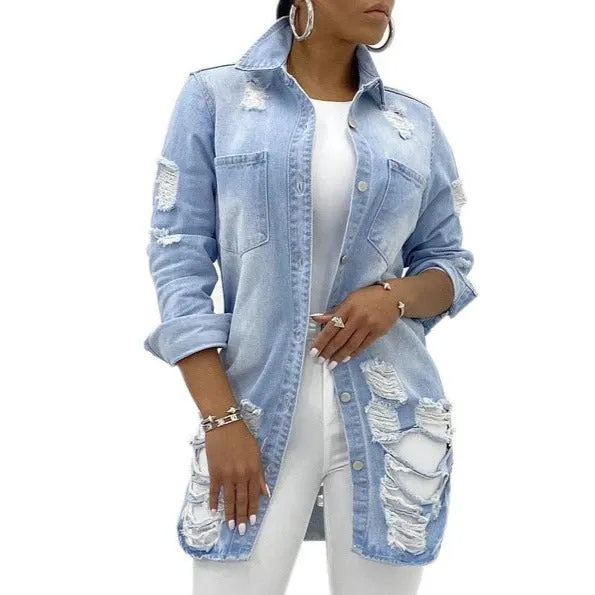 Women's Casual Ripped Hole Denim Outercoat Jacket Windbreaker