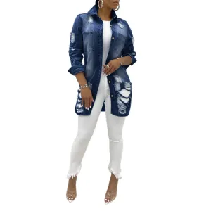Women's Casual Ripped Hole Denim Outercoat Jacket Windbreaker