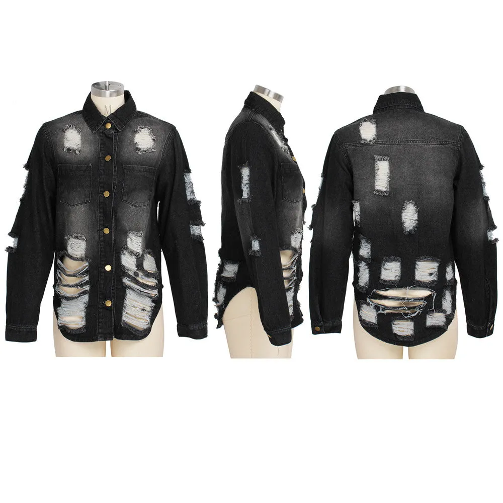 Women's Casual Ripped Hole Denim Outercoat Jacket Windbreaker