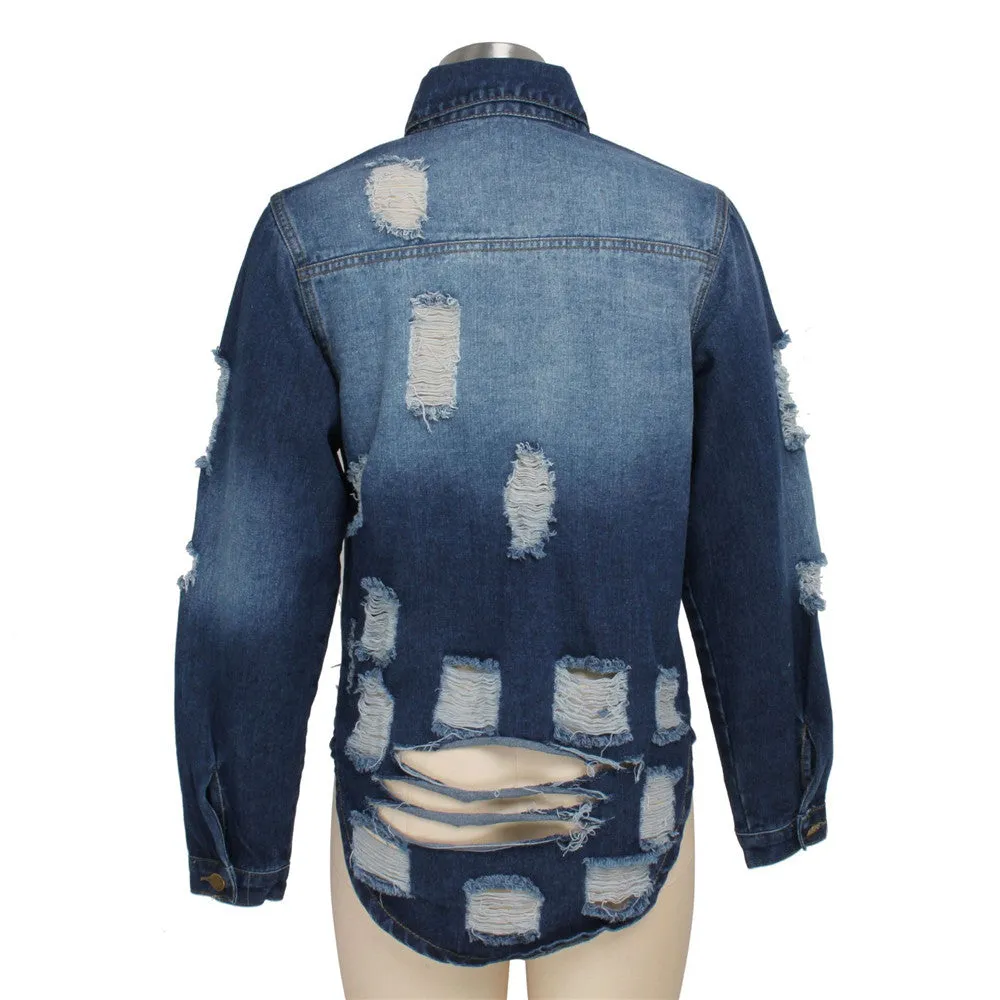 Women's Casual Ripped Hole Denim Outercoat Jacket Windbreaker