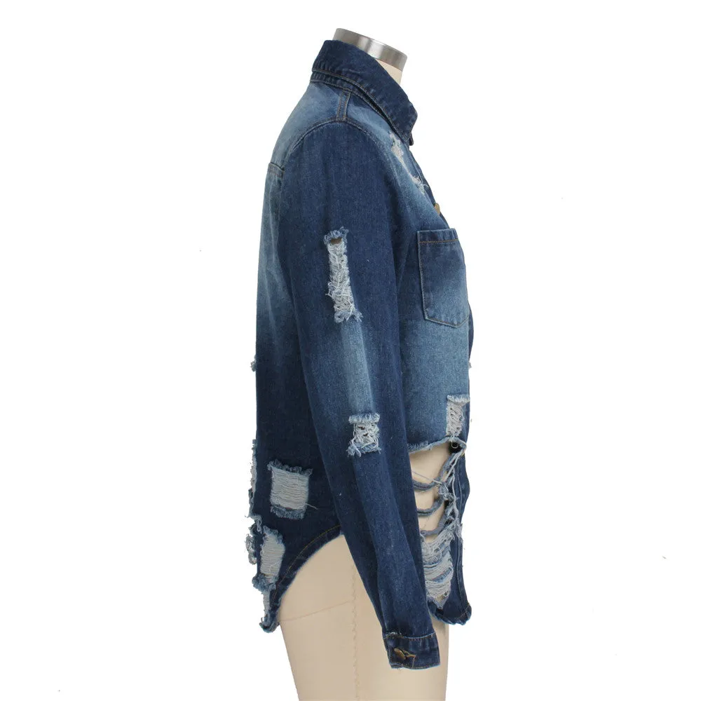 Women's Casual Ripped Hole Denim Outercoat Jacket Windbreaker
