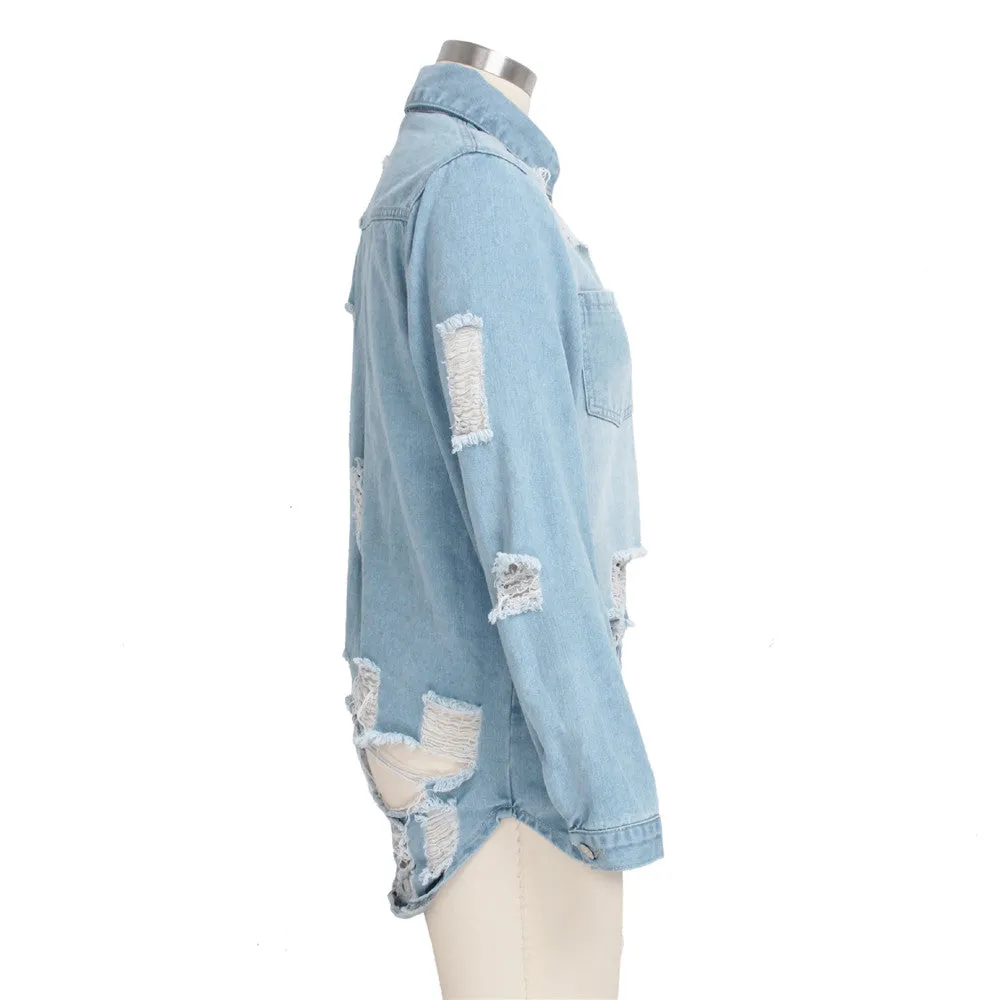 Women's Casual Ripped Hole Denim Outercoat Jacket Windbreaker