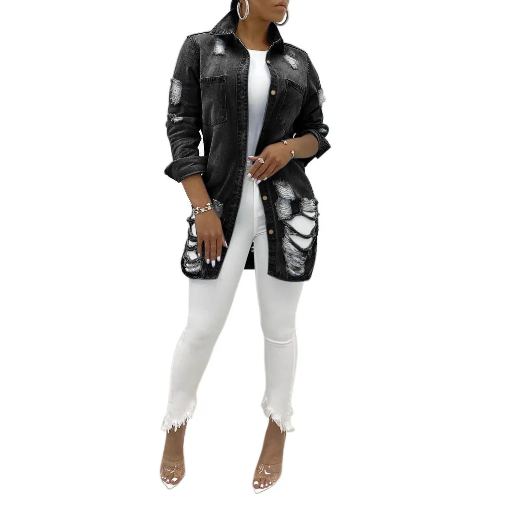 Women's Casual Ripped Hole Denim Outercoat Jacket Windbreaker