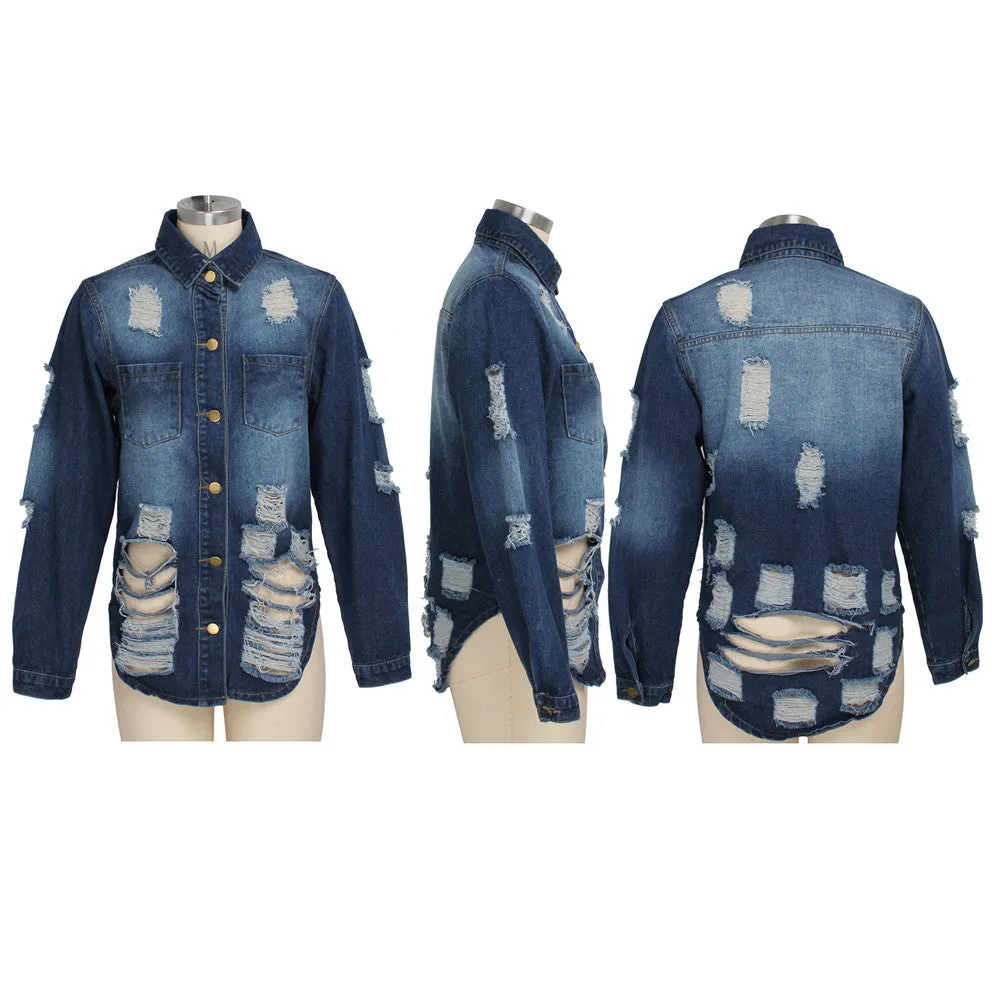 Women's Casual Ripped Hole Denim Outercoat Jacket Windbreaker
