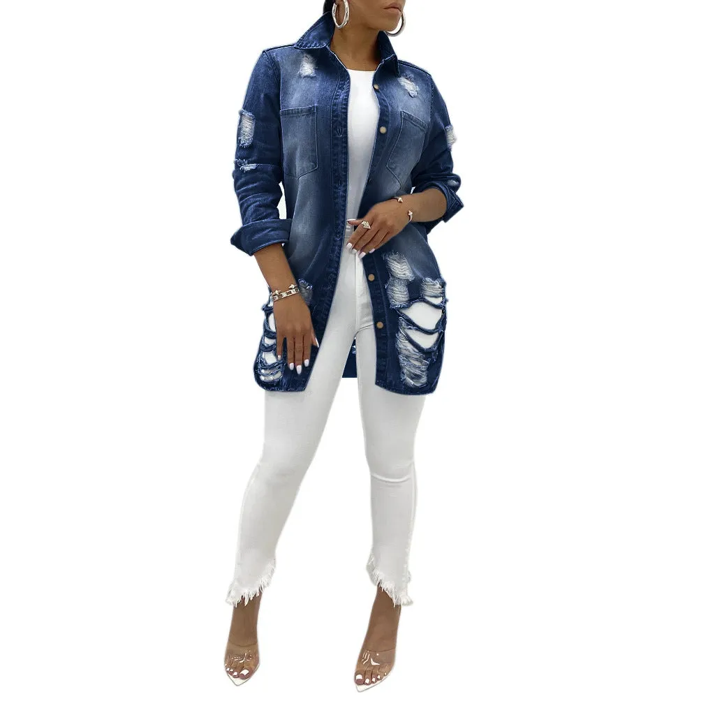 Women's Casual Ripped Hole Denim Outercoat Jacket Windbreaker