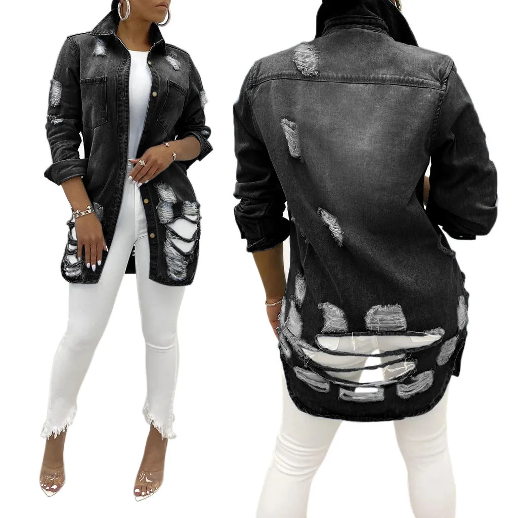 Women's Casual Ripped Hole Denim Outercoat Jacket Windbreaker