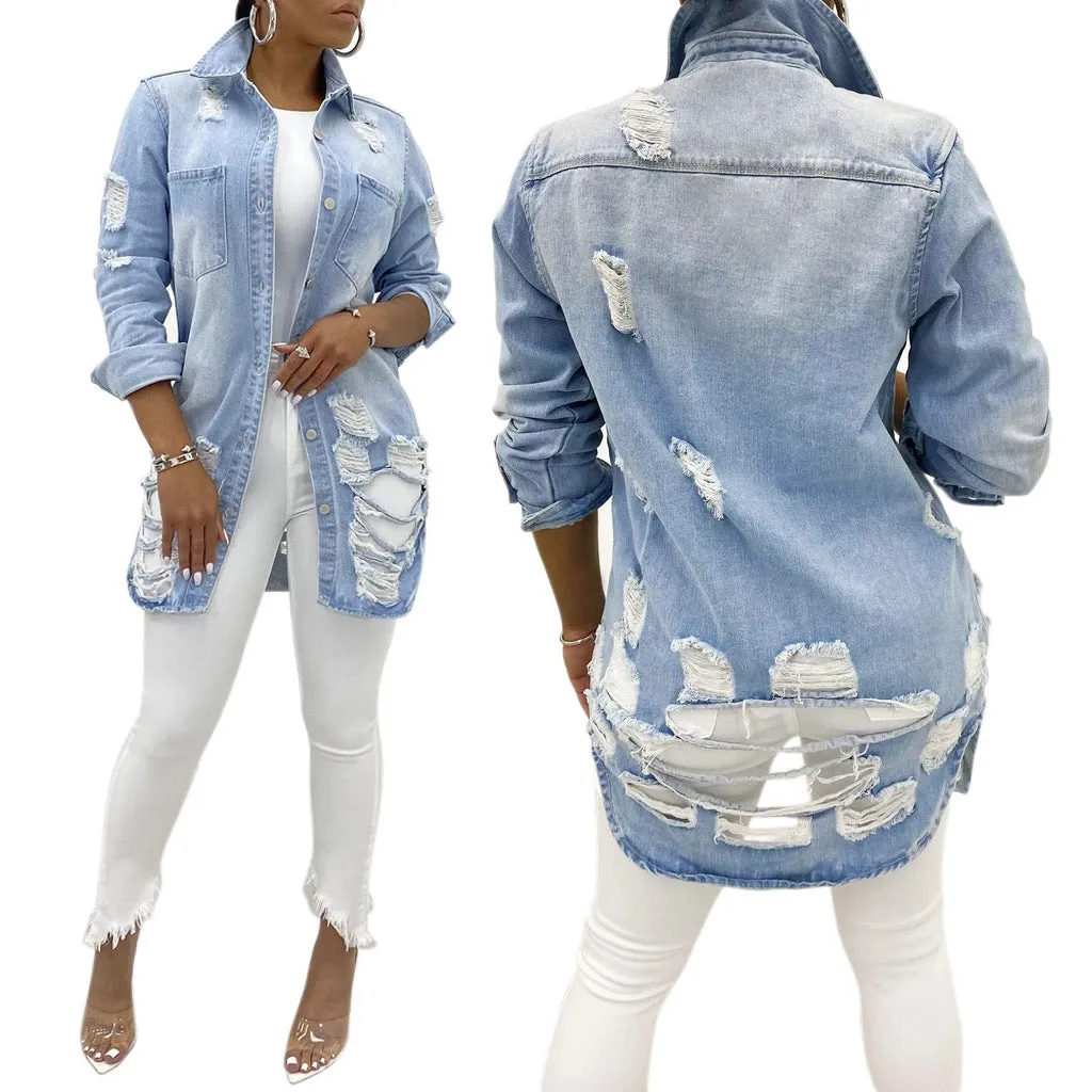 Women's Casual Ripped Hole Denim Outercoat Jacket Windbreaker
