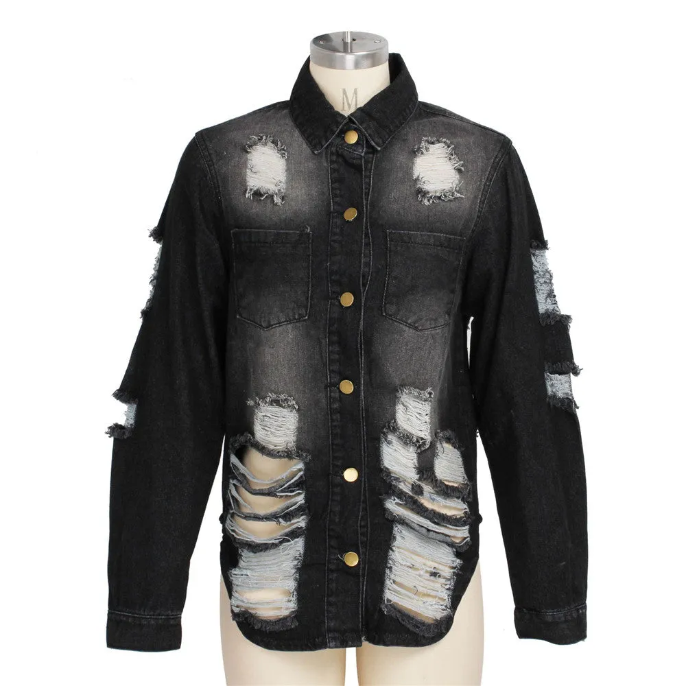 Women's Casual Ripped Hole Denim Outercoat Jacket Windbreaker