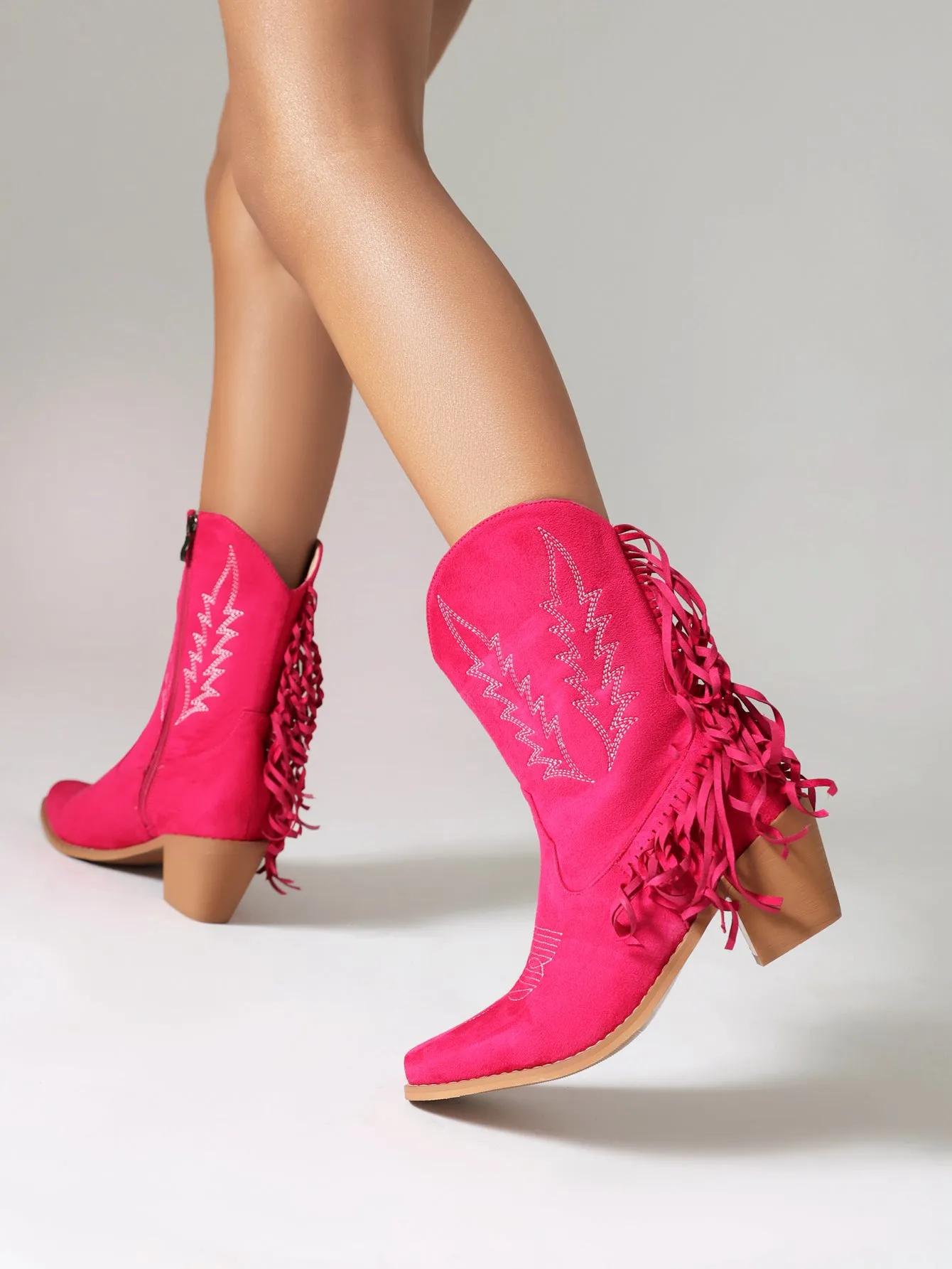 Women's Embroider Tassel Block Heel Mid Calf Western Boots