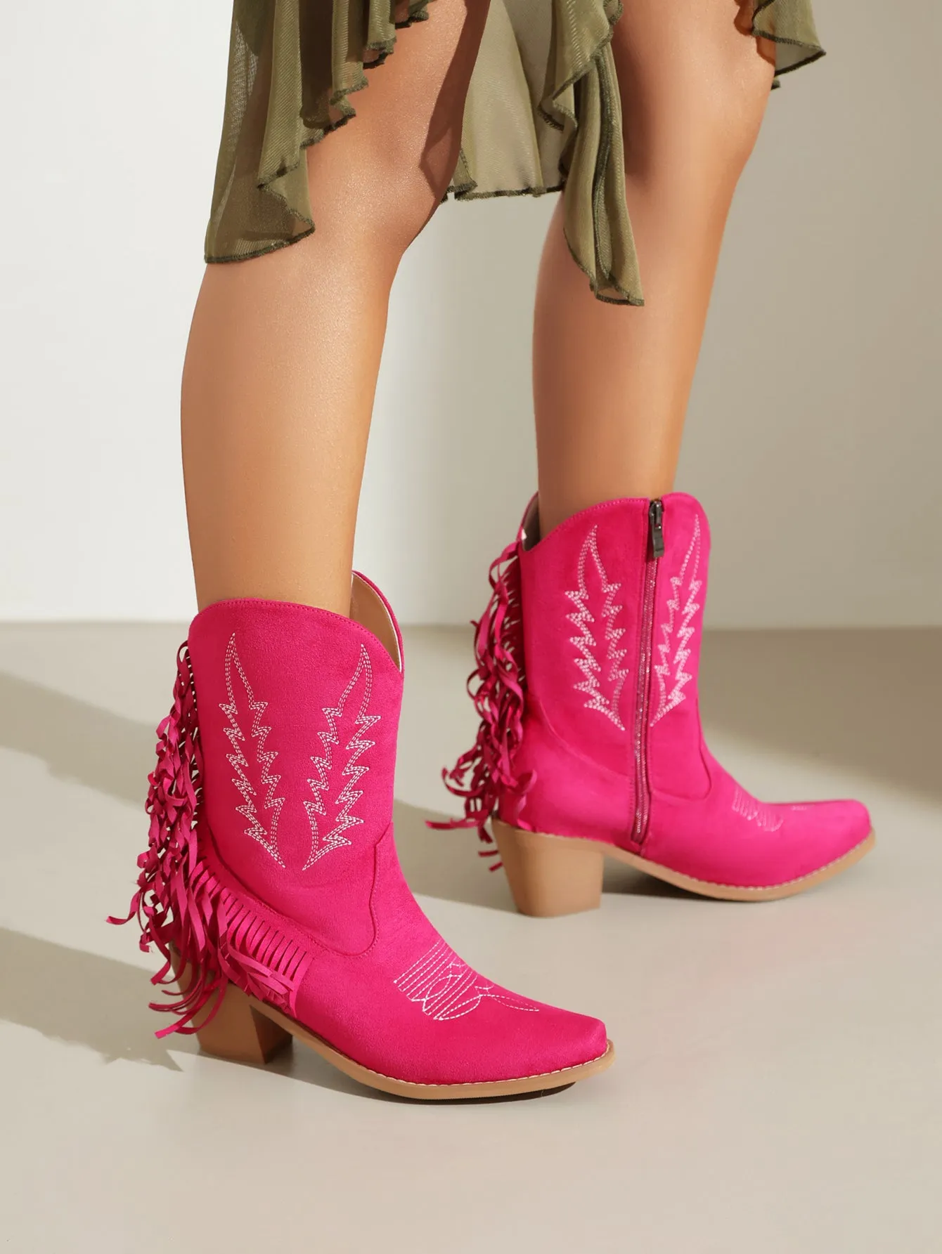 Women's Embroider Tassel Block Heel Mid Calf Western Boots
