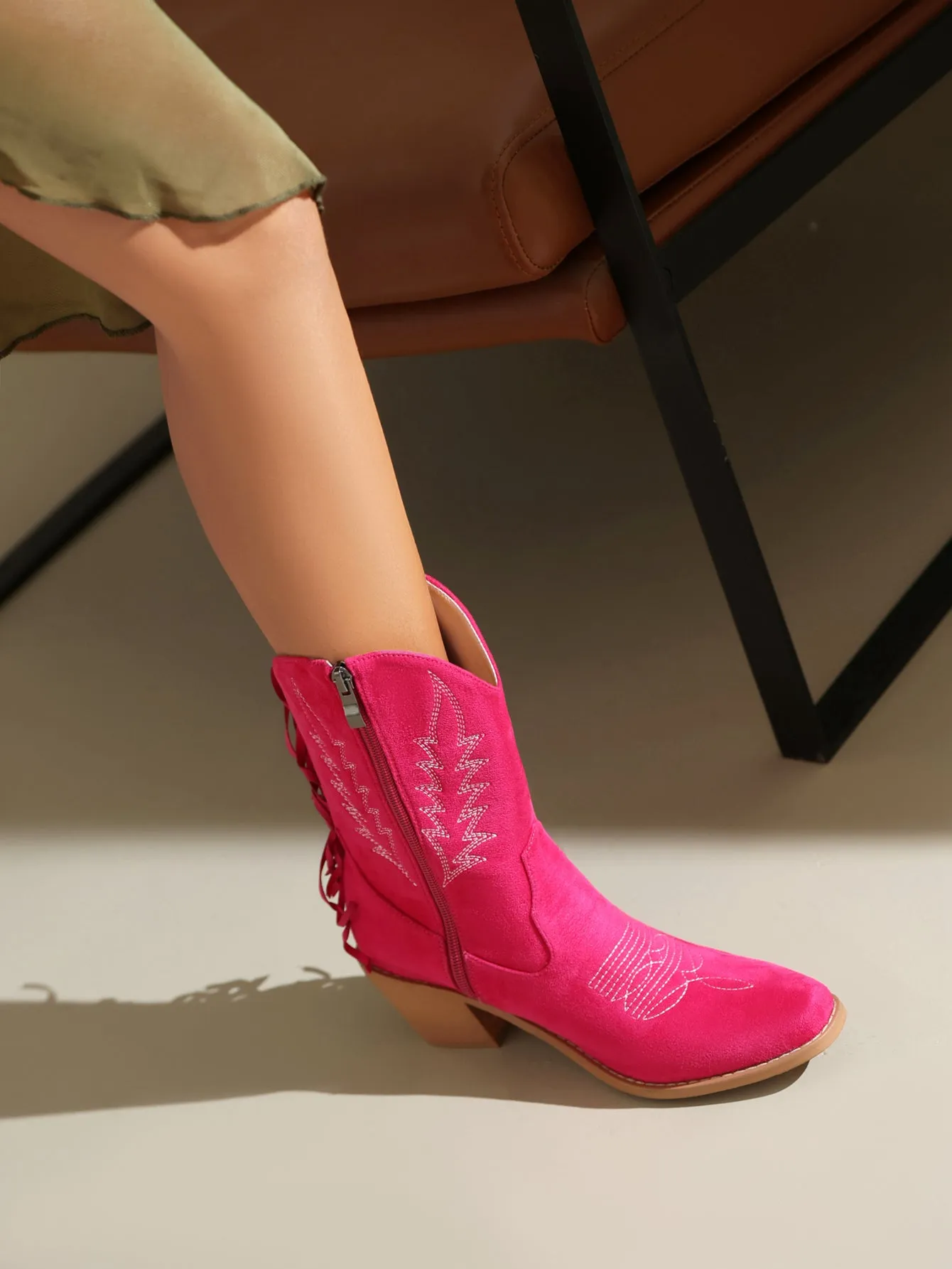 Women's Embroider Tassel Block Heel Mid Calf Western Boots