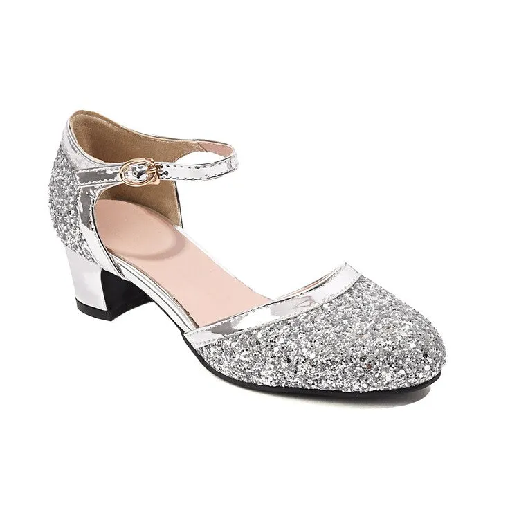 Women's Glittery Sequins Block Chunky Heel Sandals